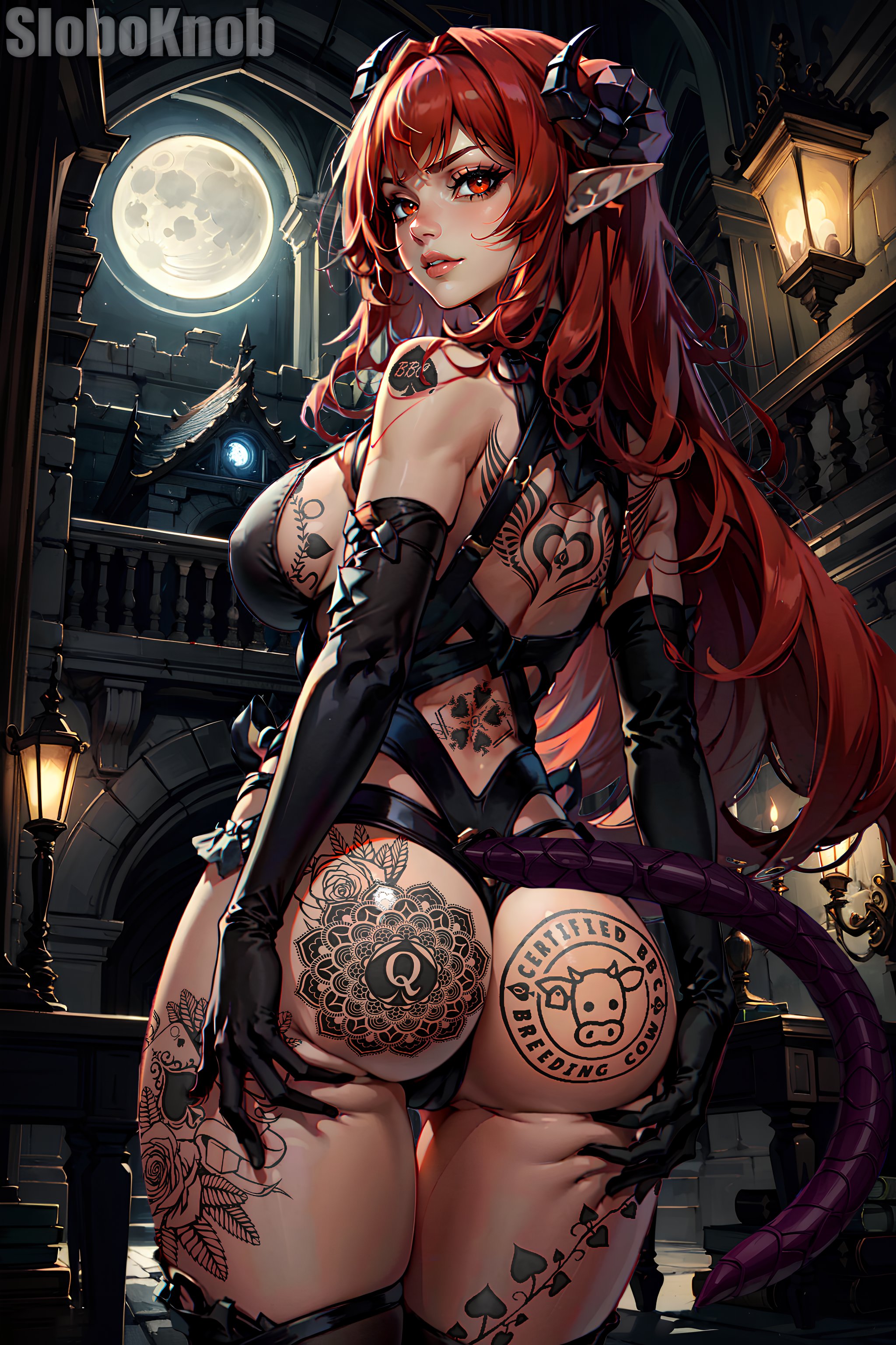 1girls, ai generated, alternate version available, ass, ass grab, azur lane, breasts, elbow gloves, elf ears, female, female only, from behind, gloves, grabbing own ass, hi res, hindenburg (azur lane), horns, iron blood (azur lane), long ears, looking at viewer, queen of spades, red eyes, red hair, sloboknob, smug, solo, solo focus, tail, tattoo, tattoos, thick ass, thick thighs