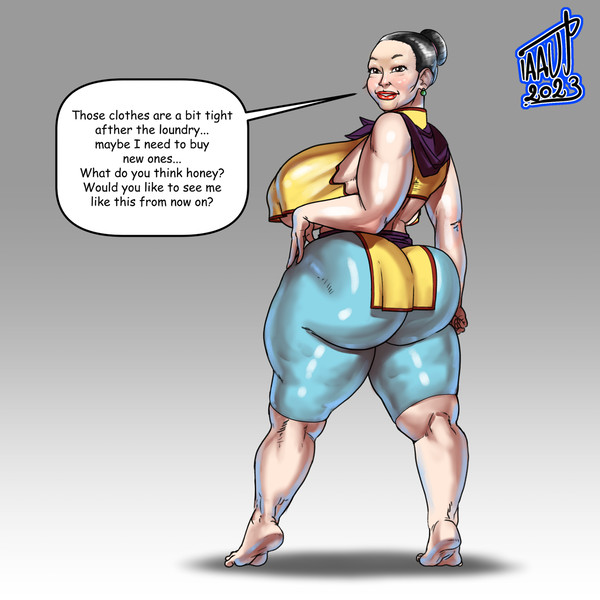 ass, breasts, chichi, dragon ball, dragon ball super, female, housewife, huge ass, huge breasts, iaaut, milf, showing off, son goku, thick thighs, tight clothing