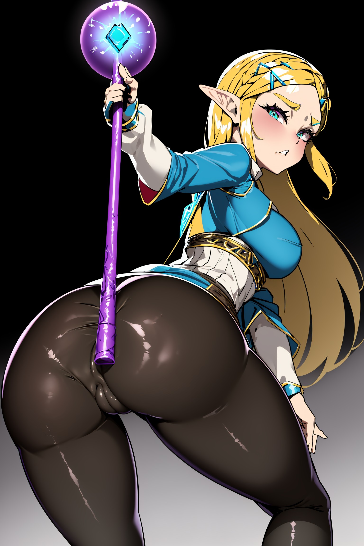 ai generated, ass, background, big ass, big breasts, big butt, blonde hair, blue eyes, breasts, breath of the wild, female, female only, leggings, looking back, love, magic, nintendo, princess zelda, revealing clothes, the legend of zelda, tight clothing, zelda (breath of the wild)