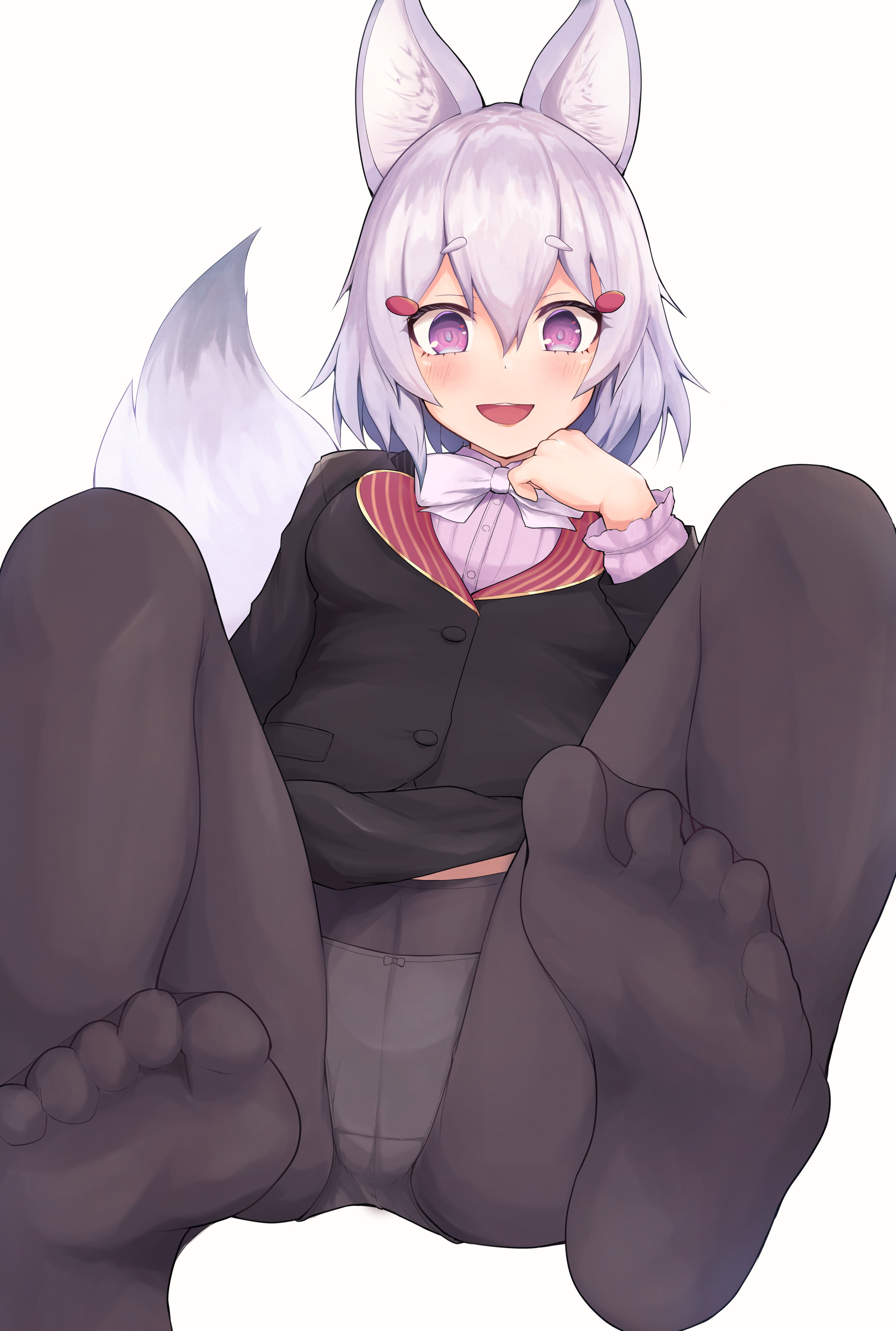 1girls, blush, blush lines, clothed, clothing, feet, female, foot fetish, foot fetish with legwear, fox, fox ears, fox girl, fox tail, legwear, light skin, light-skinned female, lypele, open mouth, panties, phase connect, phase origins, purple eyes, simple background, solo, tenma maemi, virtual youtuber, vtuber, white background, white hair