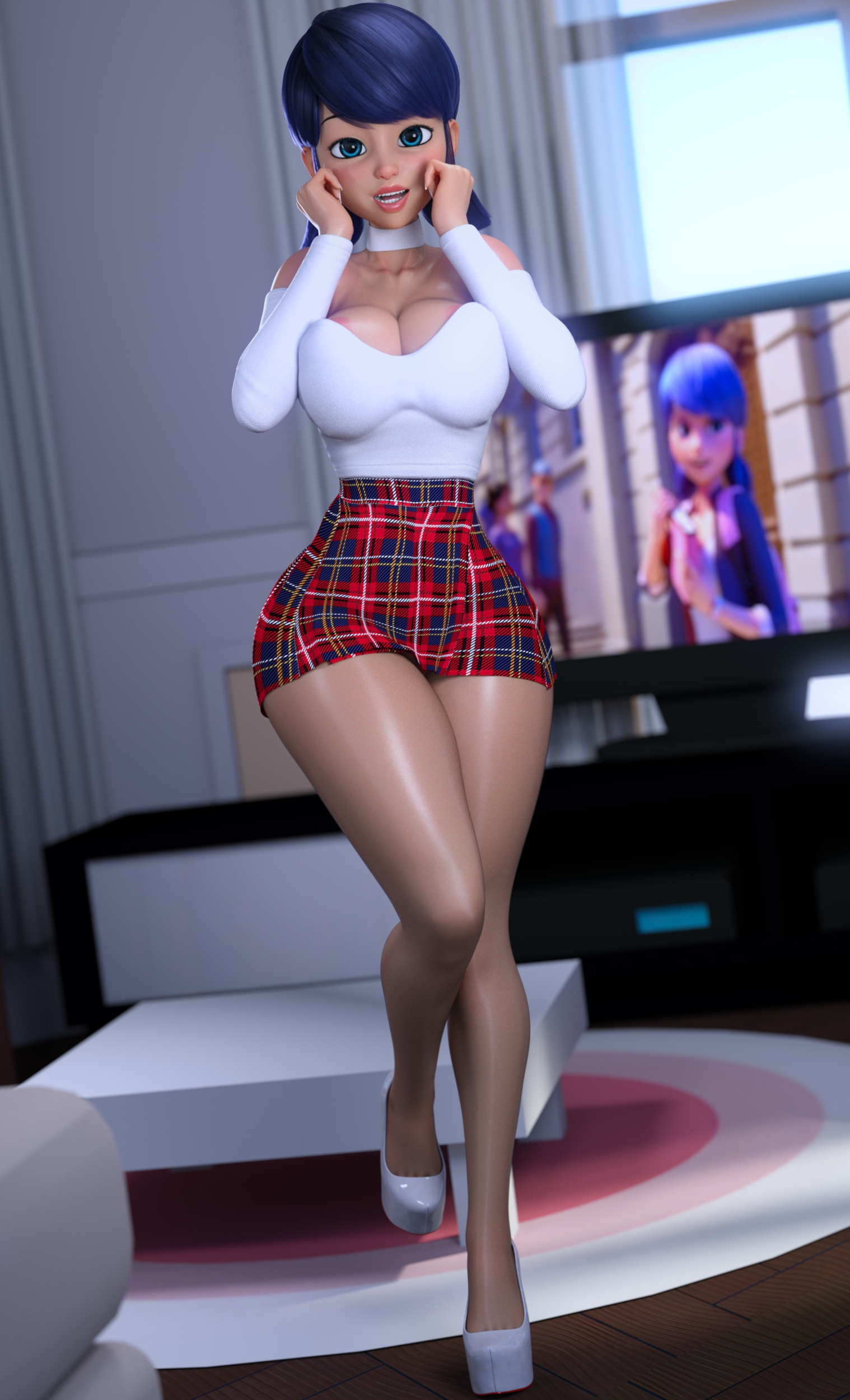 1girls, 3d, 3d (artwork), areola slip, big breasts, blue eyes, blue hair, breasts, busty, choker, clothed, clothed female, curvaceous, curvy, curvy female, curvy figure, cute, cute face, female, female only, high heels, huge breasts, large breasts, marinette dupain-cheng, miniskirt, miraculous ladybug, miraculous: tales of ladybug and cat noir, pigtails, platform heels, ruidx, short skirt, skirt, slim waist, solo, tagme, voluptuous, voluptuous female
