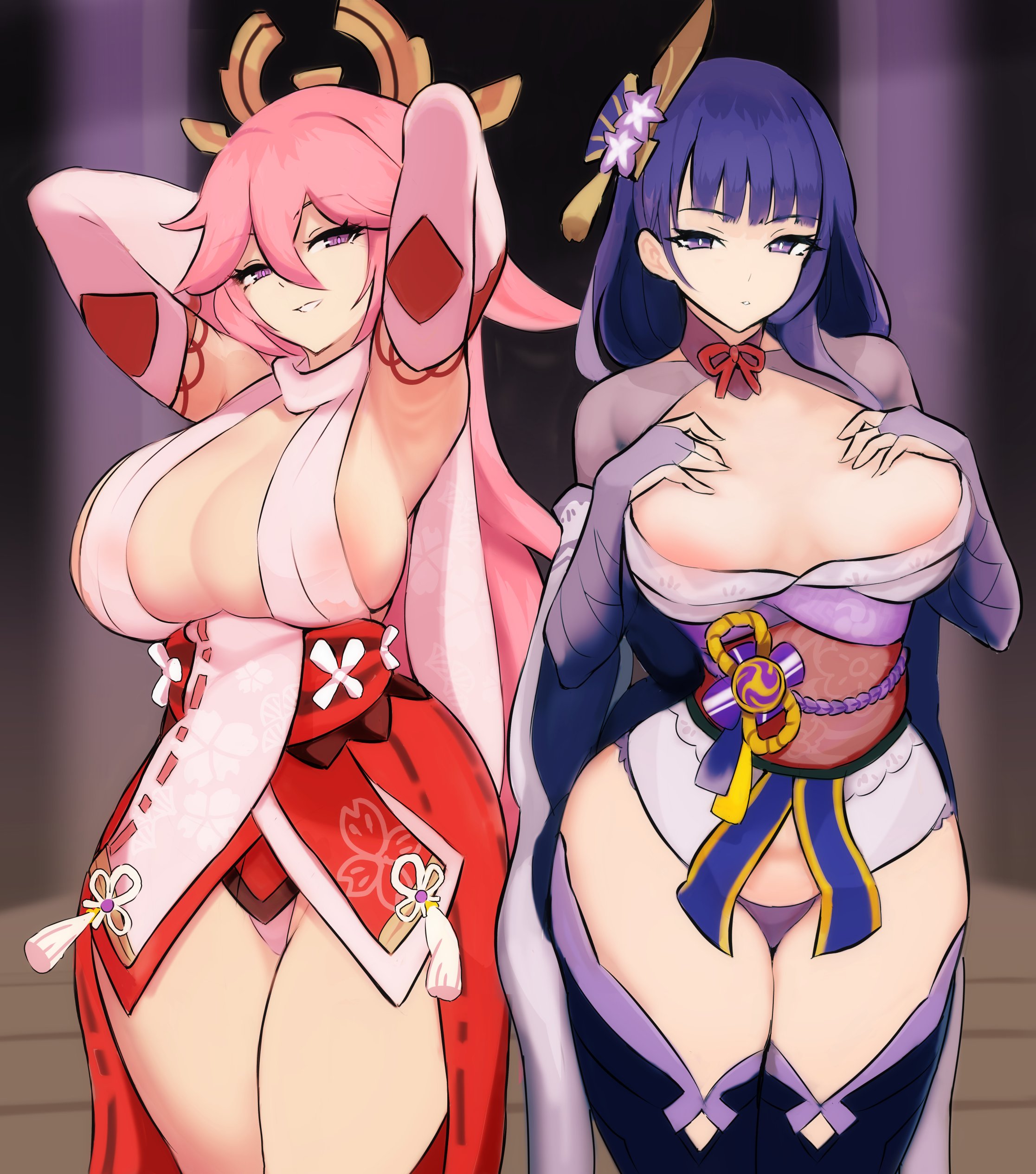 2girls, adapted costume, breasts, cleavage, female, fox ears, fox girl, genshin impact, hi res, huge breasts, kitsune, light skin, light-skinned female, long hair, nac000, naughty face, pink hair, purple eyes, purple hair, raiden shogun, revealing clothes, slim waist, thick thighs, yae miko