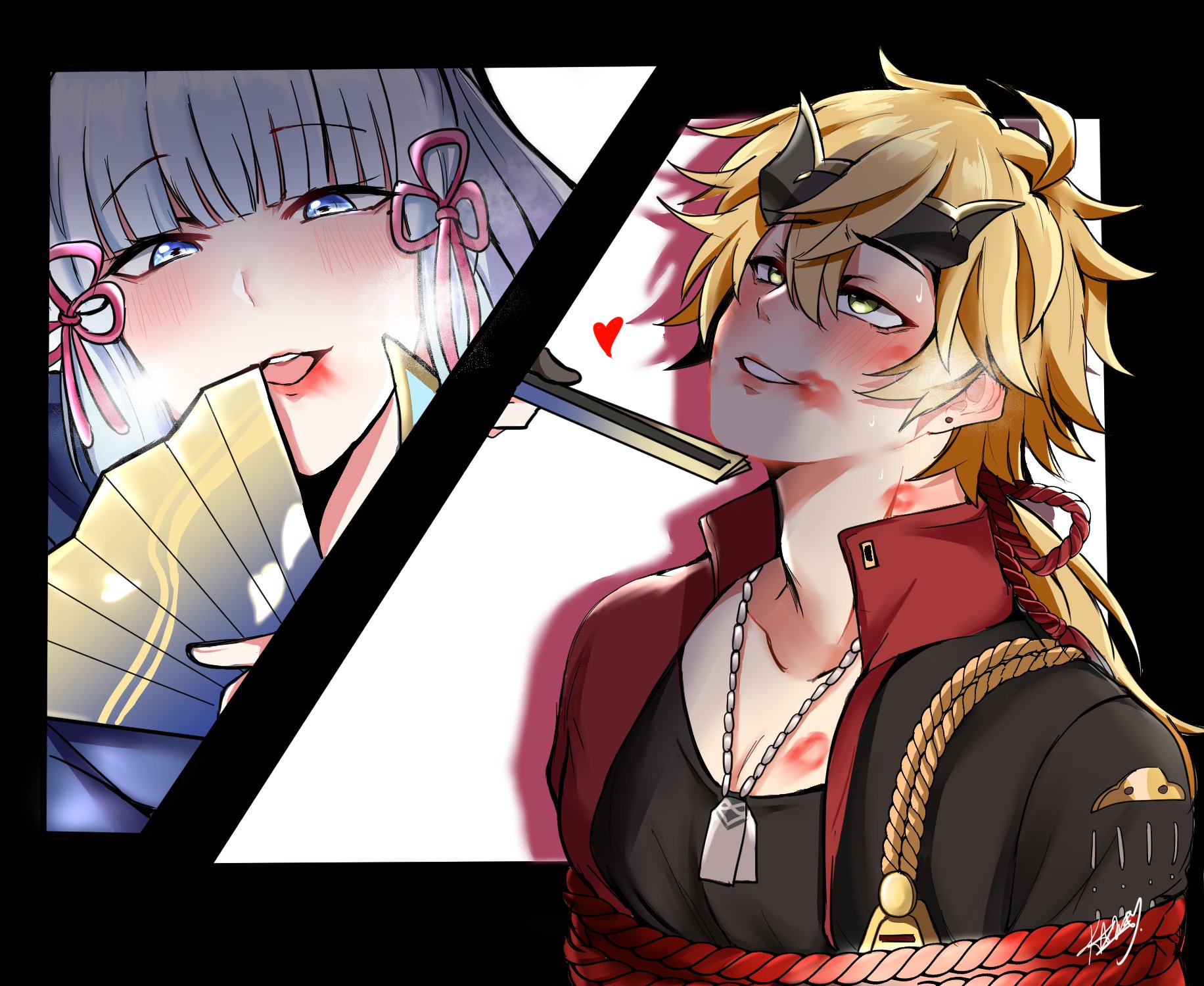 1boy, 1girls, blonde hair, blue eyes, blue hair, blush, bondage, female, femdom, flushed, genshin impact, green eyes, happy sub, heart, kamisato ayaka, kiss mark, kiss mark on face, kiss marks, kurenaiz1, lipstick, lipstick mark, lipstick marks, lipstick smear, male, male/female, red lipstick, restrained, rope bondage, straight, thoma (genshin impact), tied, tied up