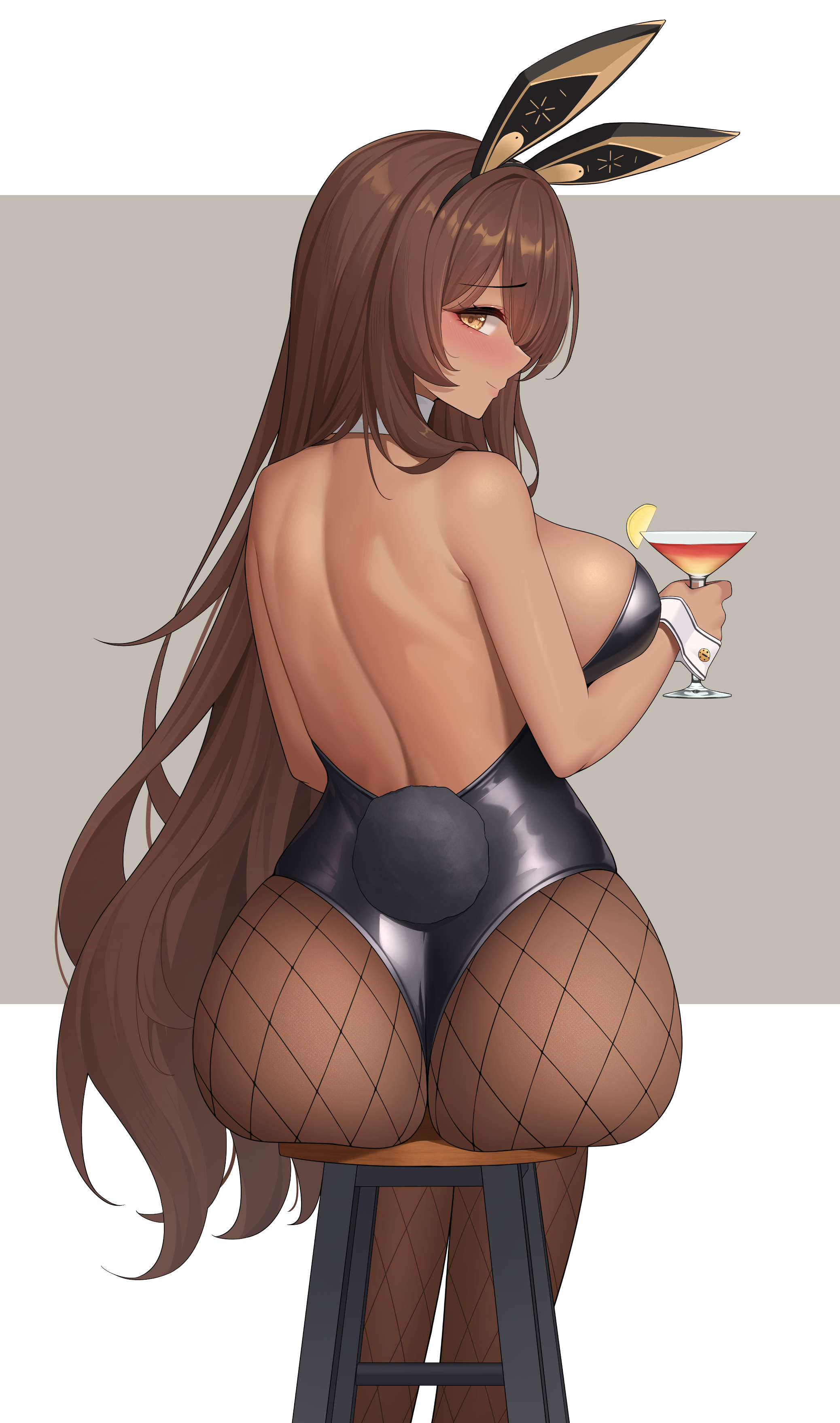 absurdres, animal ears, ass, back, backless leotard, bare arms, bare shoulders, black leotard, blush, breasts, brown hair, bunnysuit, closed mouth, dark skin, dark-skinned female, detached collar, drink, fake animal ears, fake tail, feet out of frame, female, fishnet pantyhose, fishnets, from behind, goddess of victory: nikke, highres, holding, holding drink, large breasts, leotard, long hair, looking at viewer, looking back, noir (nikke), pantyhose, playboy bunny, rabbit ears, rabbit tail, sideboob, simple background, sitting, smile, solo, tail, wei xiao, yellow eyes
