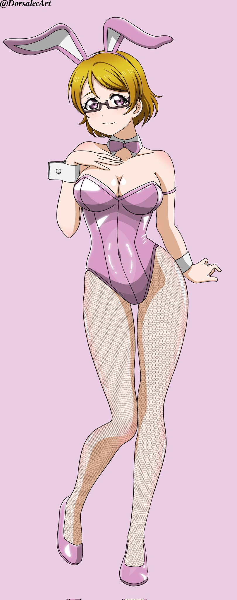 bunnysuit dorsalec fishnets glasses koizumi_hanayo love_live! love_live!_school_idol_project pink_background silver_heels