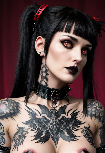 ai_generated big_areola big_breasts big_nipples black_hair black_lipstick busty choker collar d4rk_v0id goth goth_girl gothic huge_aerola huge_areolae huge_nipples large_breasts red_eyes tattoos winona_ryder