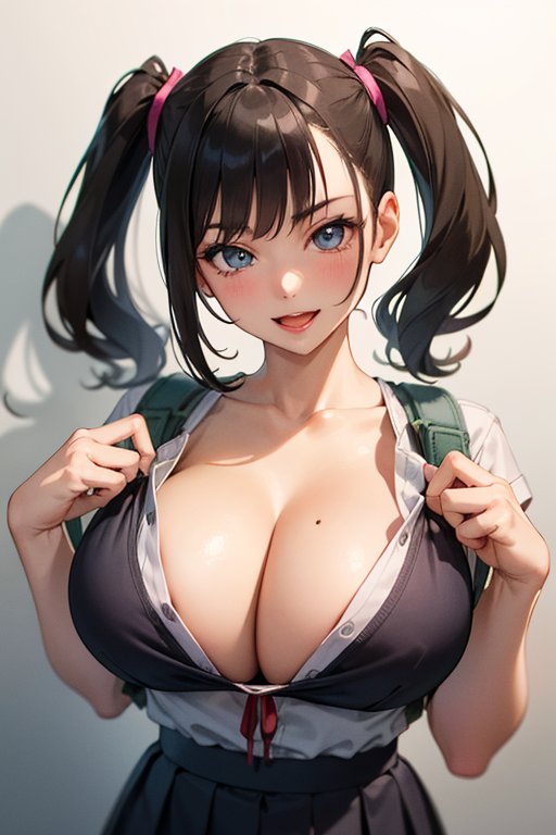 1girls :d ai_generated backpack bag bangs black_skirt blue_eyes blush breasts brown_hair cleavage collarbone collared_shirt dress_shirt eyelashes gradient gradient_background hair_ribbon hands_up holding_strap large_breasts long_hair looking_at_viewer mole mole_on_breast open_clothes open_mouth open_shirt partially_unbuttoned pink_ribbon pleated_skirt red_ribbon ribbon school_uniform shadow shirt shirt_pull short_sleeves simple_background skirt smile solo stable_diffusion teeth twintails unbuttoned upper_body white_shirt