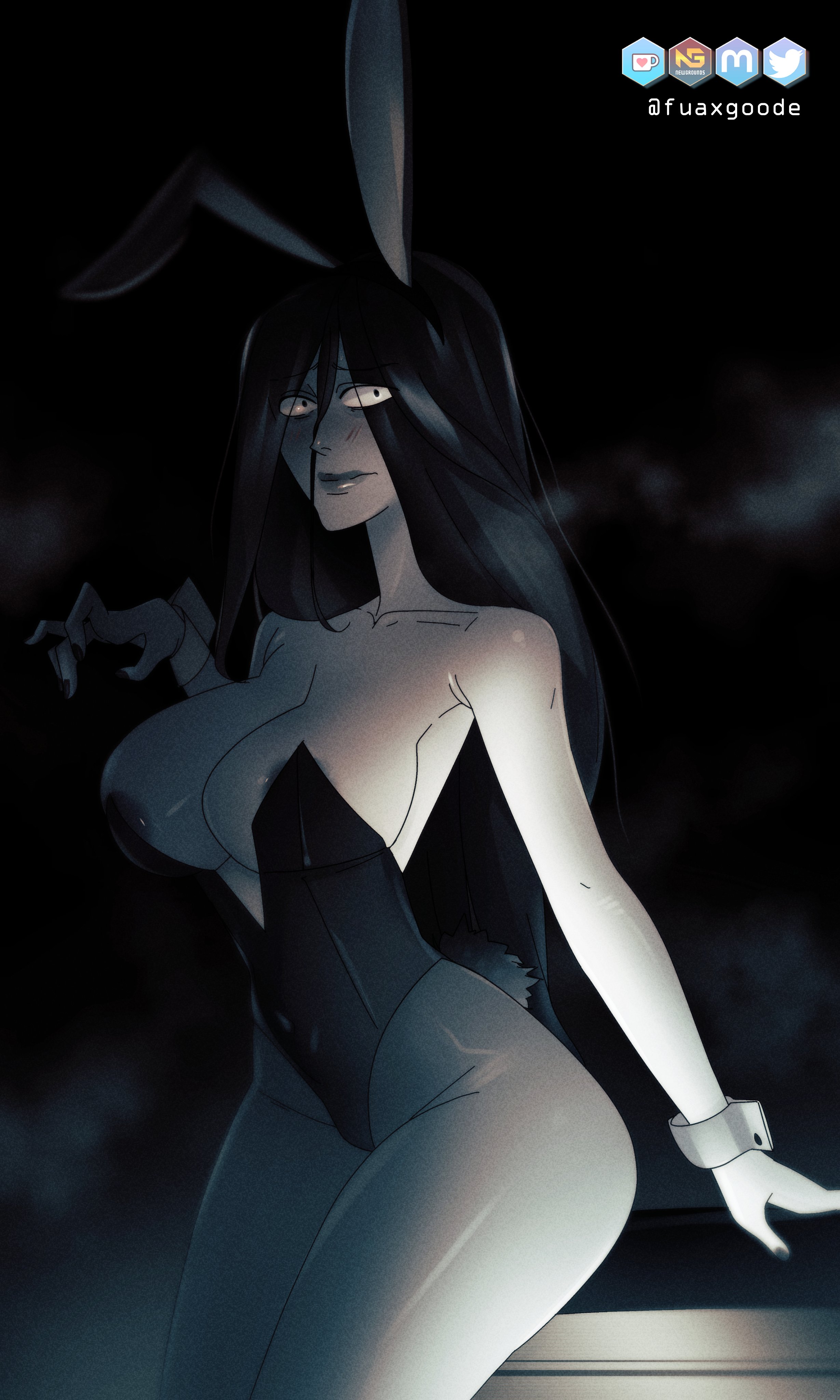 1girls, absurd res, areola slip, black hair, blush, breasts, bunny ears, bunnysuit, embarrassed, female, female only, fuax goode, ghost, ghost girl, halloween, light skin, light-skinned female, long hair, looking at viewer, pale skin, pale-skinned female, pantyhose, shaded, solo, the ring, wrist cuffs, yamamura sadako
