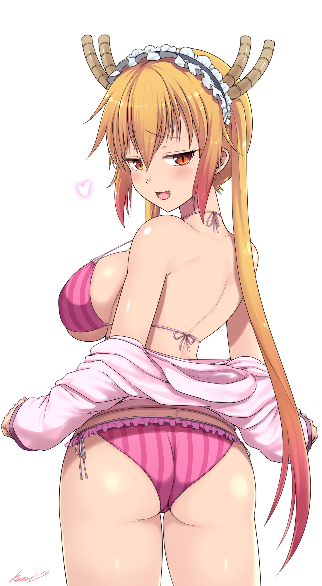 1girls, ass, back view, big breasts, bikini, bikini bottom, bikini top, blonde hair, blush, breasts, dragon girl, female, horns, horny, kasai shin, looking at viewer, maid headdress, miss kobayashi's dragon maid, sideboob, smile, solo, tohru (dragon maid), twintails