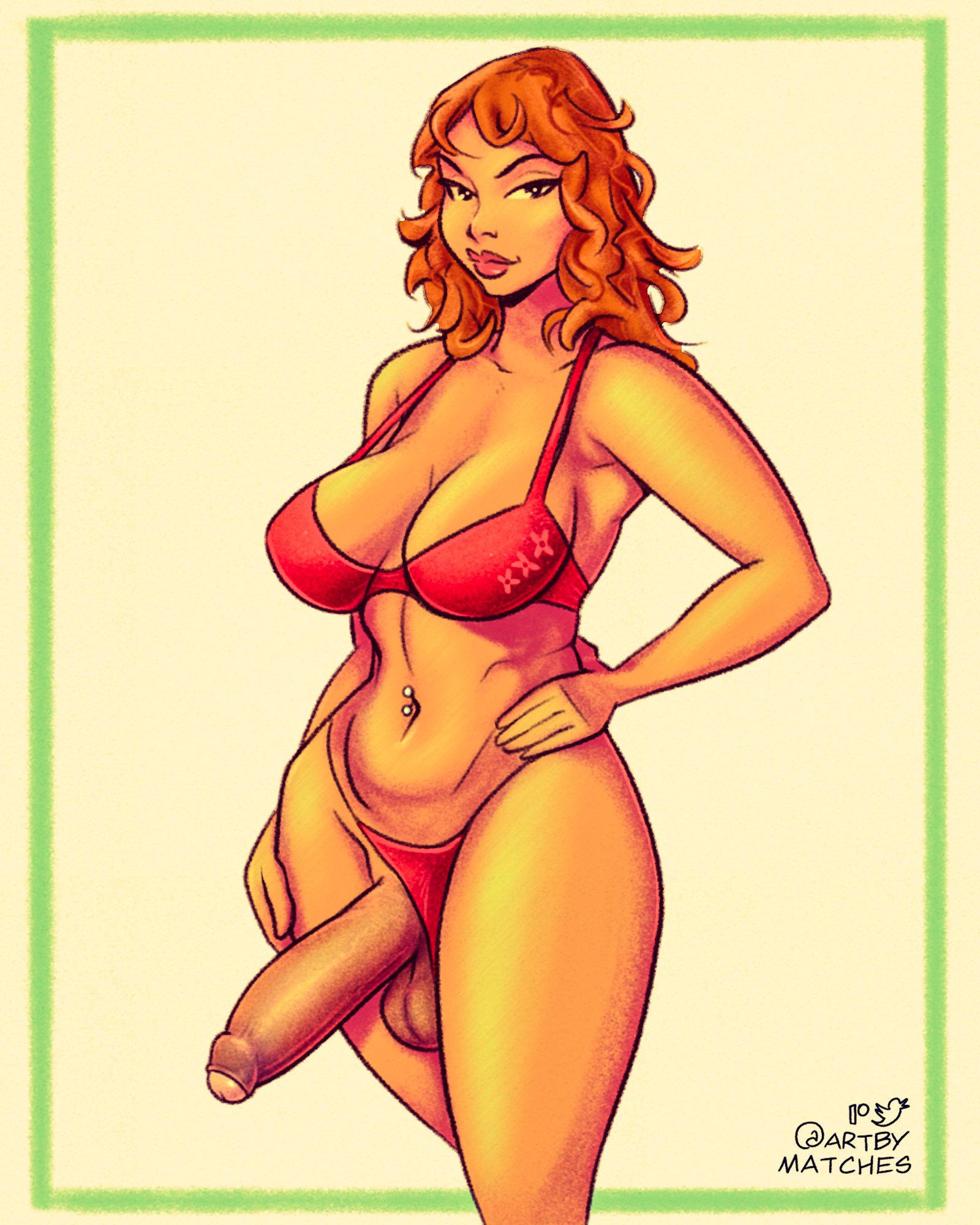 artbymatches, balls, big penis, bra, erection, foreskin, futa only, futanari, intersex, looking at viewer, panties, panties aside, penis, solo, standing, tagme, uncircumcised, underwear, underwear only