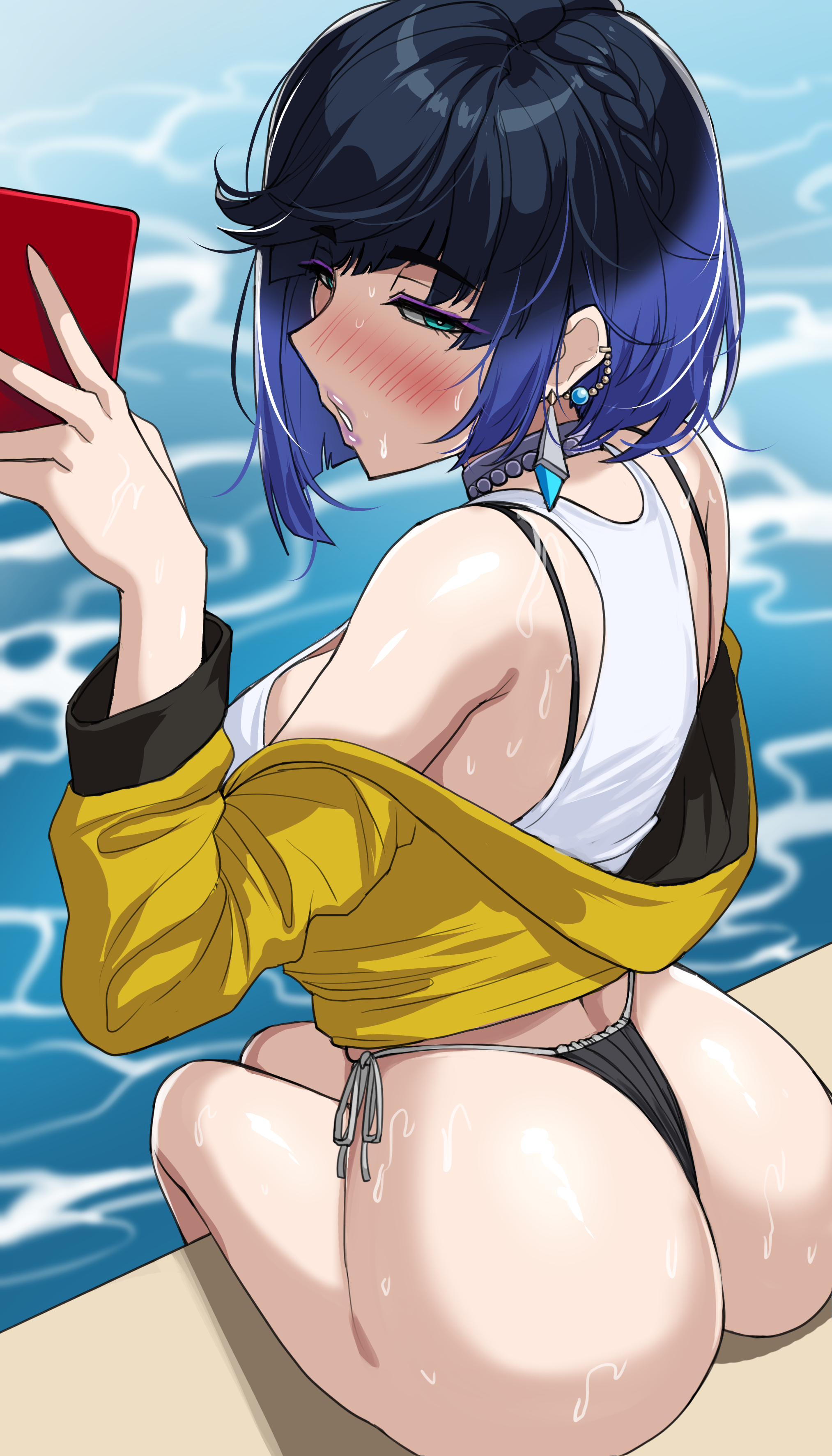 1girls, absurd res, ass, blue hair, breasts, drogod (artist), female, genshin impact, green eyes, hi res, huge ass, huge breasts, light skin, light-skinned female, short hair, thick thighs, yelan (genshin impact)