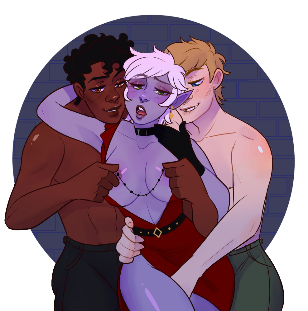 1girls 2021 2boys aelin_agarithil amber_eyes berrysoftt black_hair blonde_hair blue_eyes blush breasts commission dark-skinned_male dark_elf dark_skin elf elf_ears elf_female female green_eyes hand_on_crotch human light-skinned_male light_skin male male_human/female_elf narrowed_eyes nipple_pinch purple_skin smile trio white_hair