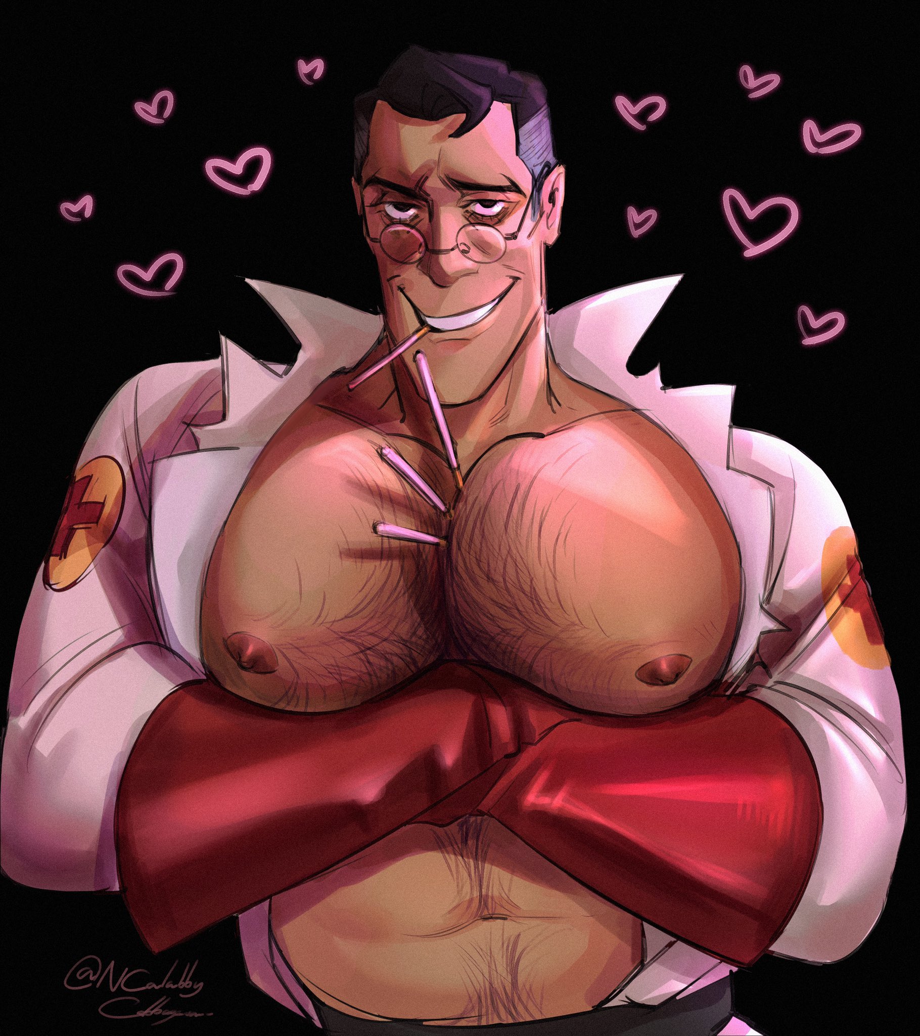 <3, ♡, 1boy, arms crossed, big breasts, black background, black hair, blushing profusely, body hair, boobs, breasts, busty, busty male, chest hair, clothed, clothing, coat, curvy, curvy male, egabbacc, embarrassed, embarrassed male, embarrassed smile, erect nipples, food between breasts, food in mouth, glasses, gloves, gynecomastia, hairy, hairy chest, hairy male, half albino, huge breasts, human, human only, labcoat, looking at viewer, male, male chest, male focus, male nipples, male only, male with breasts, mature, mature male, medic (team fortress 2), medical condition, moobs, nipples, official alternate costume, older male, part albino, pinup, pocky, pocky in mouth, poliosis, rare condition, red gloves, ripped clothing, ripped shirt, round glasses, shy, shy smile, silver fox, solo, solo focus, solo male, suggestive, team fortress 2, teeth, teeth showing, white coat, white labcoat, yaoi