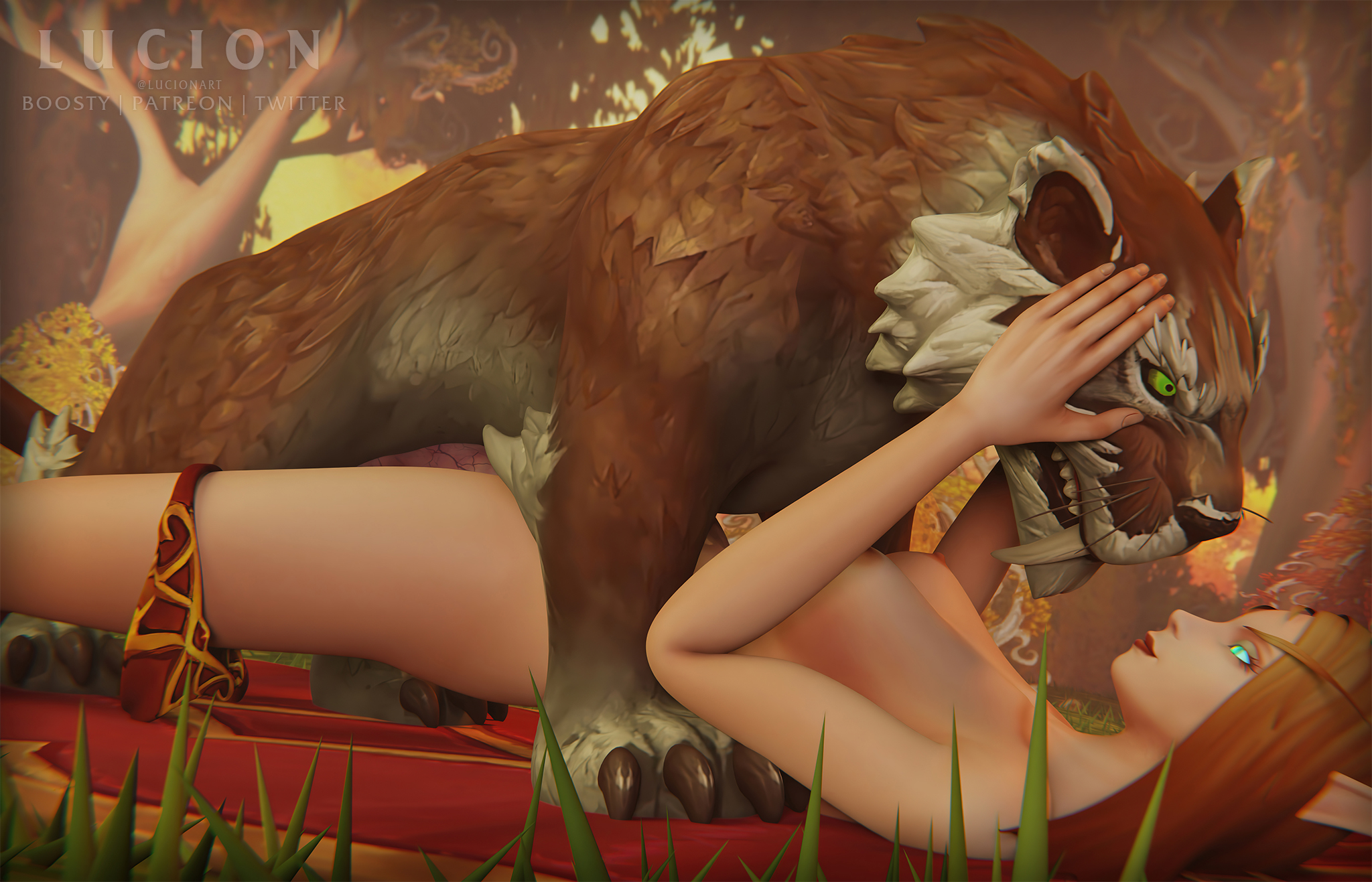 bigger male, blizzard entertainment, blood elf, brown hair, canine, canine penis, elf, elf ears, elf female, feline, feline on human, female, female on feral, feral, feral on female, feral on human, feral penetrating, feral penetrating human, green eyes, human female, human on feral, human penetrated, love, lucionart, lynx, male, male/female, missionary, missionary position, penetration, penis, size difference, smaller female, straight, tiger, warcraft, world of warcraft, zoophilia