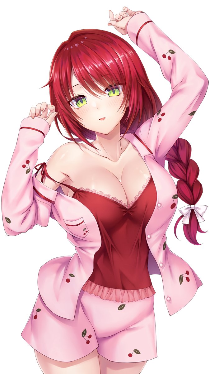 1girls blush breasts cleavage clothed clothing emanon123 female female_only green_eyes hino_akane_(vtuber) huge_breasts indie_virtual_youtuber light-skinned_female light_skin looking_at_viewer pajamas red_hair solo virtual_youtuber