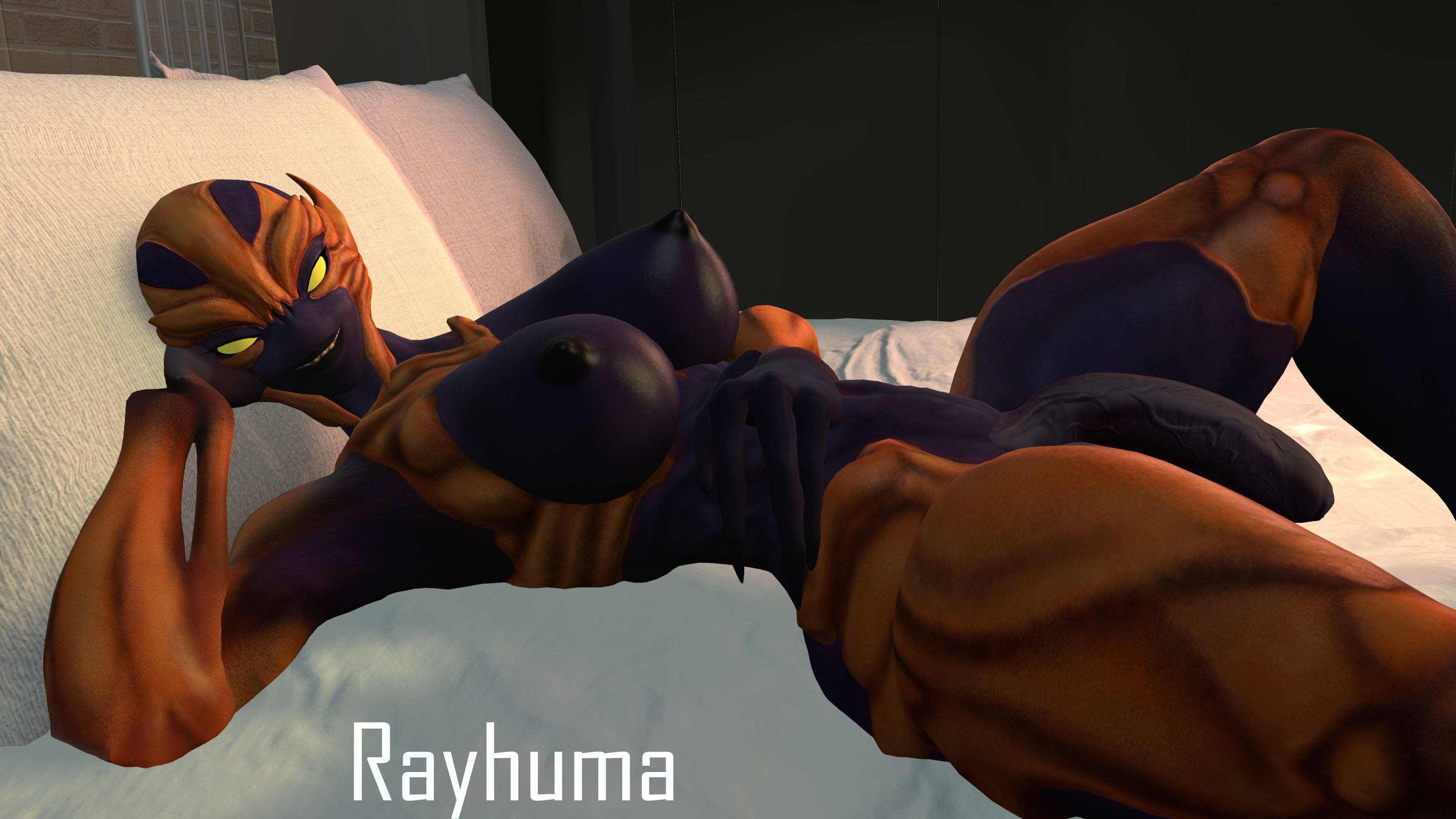 1futa, 2021, 3d, bed, bedroom, big breasts, breasts, claws, demon, demon girl, doom, female, futa only, futanari, hand on head, id software, imp, imp (doom), intersex, laying down, laying on back, laying on bed, looking at viewer, monster, monster girl, nightmare waifu, nipples, on back, penis, rayhuma, smile, smiling, smiling at viewer, solo, yellow eyes