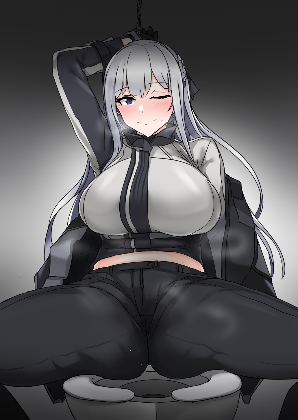 1girls 2d 2d_(artwork) ak-12_(girls'_frontline) before_rape before_sex big_breasts black_pants blush blush_lines cuff_(restraint) cuffed cuffs french_braid fully_clothed girls'_frontline gloves huge_breasts jacket jacket_open long_hair long_sleeves one_arm_up one_eye_closed one_hand_up pale-skinned_female pale_skin pink_eyes restrained restraints sitting sitting_on_toilet slight_blush slight_smile smile smiling smiling_at_viewer solo solo_female solo_focus spread_legs spreading steam steamy sweat sweatdrop sweating toilet white_hair white_shirt worried yellowseeds