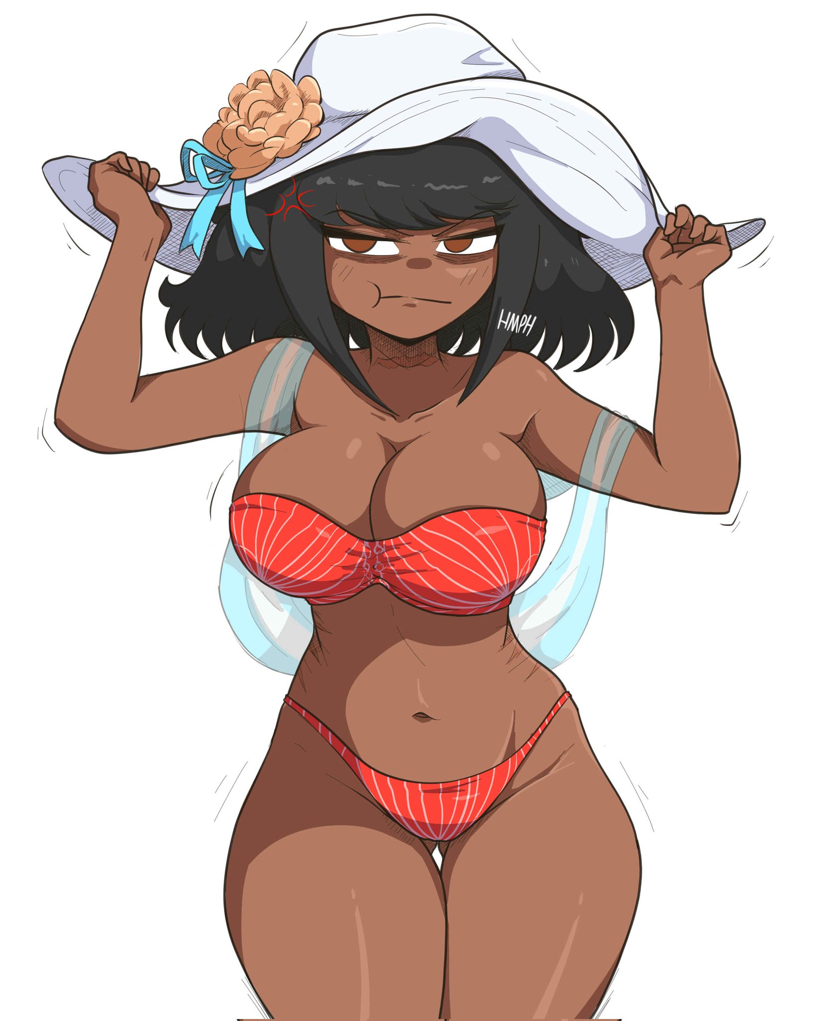 albina (tidal), angry, big breasts, black hair, breasts, brown eyes, dark skin, female, female only, hat, headgear, holding object, looking at viewer, original character, scars, short hair, solo female, tagme, thick thighs, tidal (artist), voluptuous, wide hips