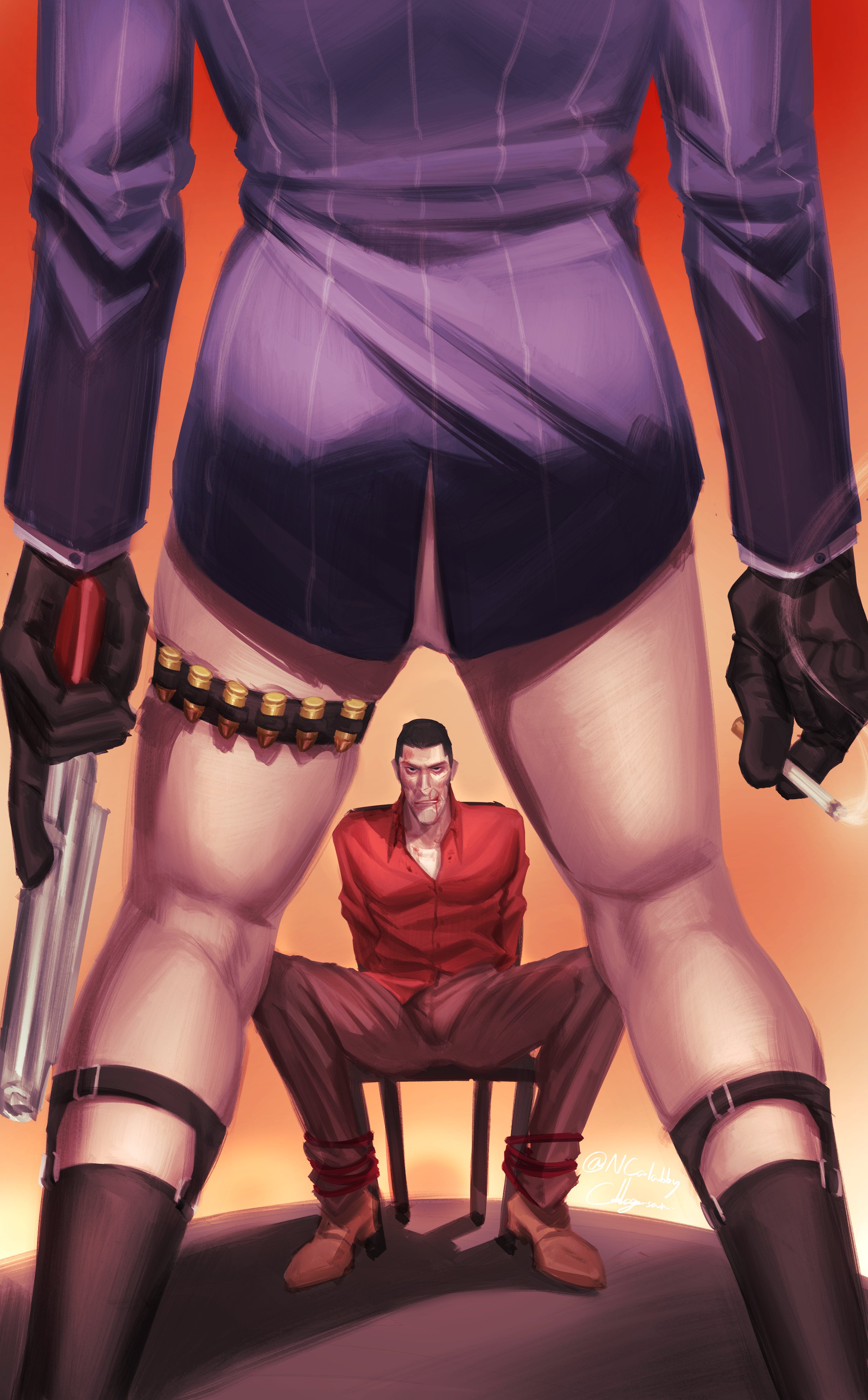 2boys, bondage, boner in pants, cigarette, egabbacc, erection under clothes, erection under clothing, gay, gun, male, male focus, male only, male/male, no pants, no visible genitalia, perspective, sniper (team fortress 2), spy (team fortress 2), stockings, suit, team fortress 2, tied to chair, tied up, yaoi