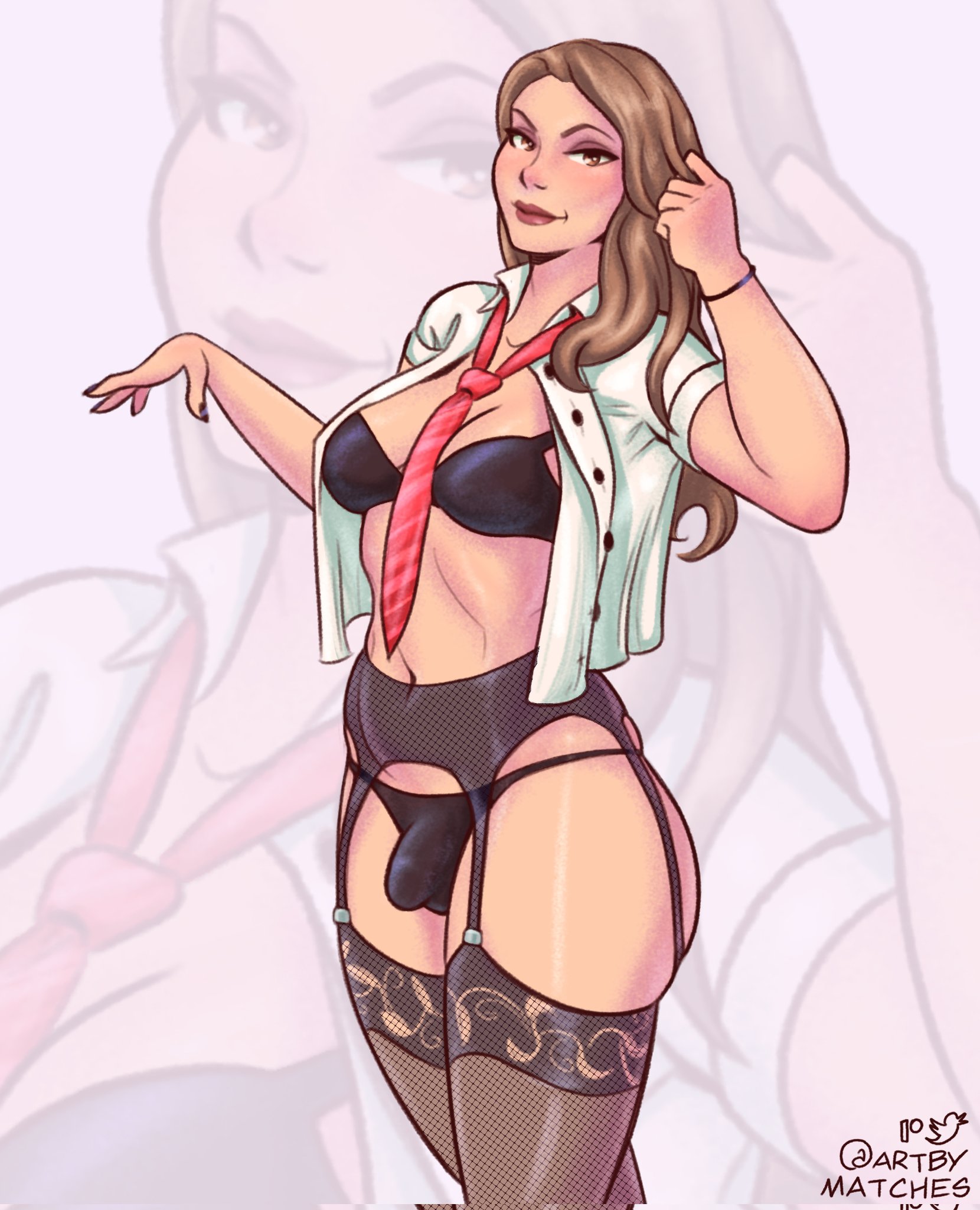 1futa, artbymatches, black bra, black garter belt, black garter straps, black lingerie, black stockings, black thong, bra, bulge, flaccid, futa bulge, futa only, futanari, garter belt, garter straps, intersex, lingerie, necktie, open shirt, panty bulge, pantyhose, penis, red necktie, stockings, tagme, thighs, thong, tie