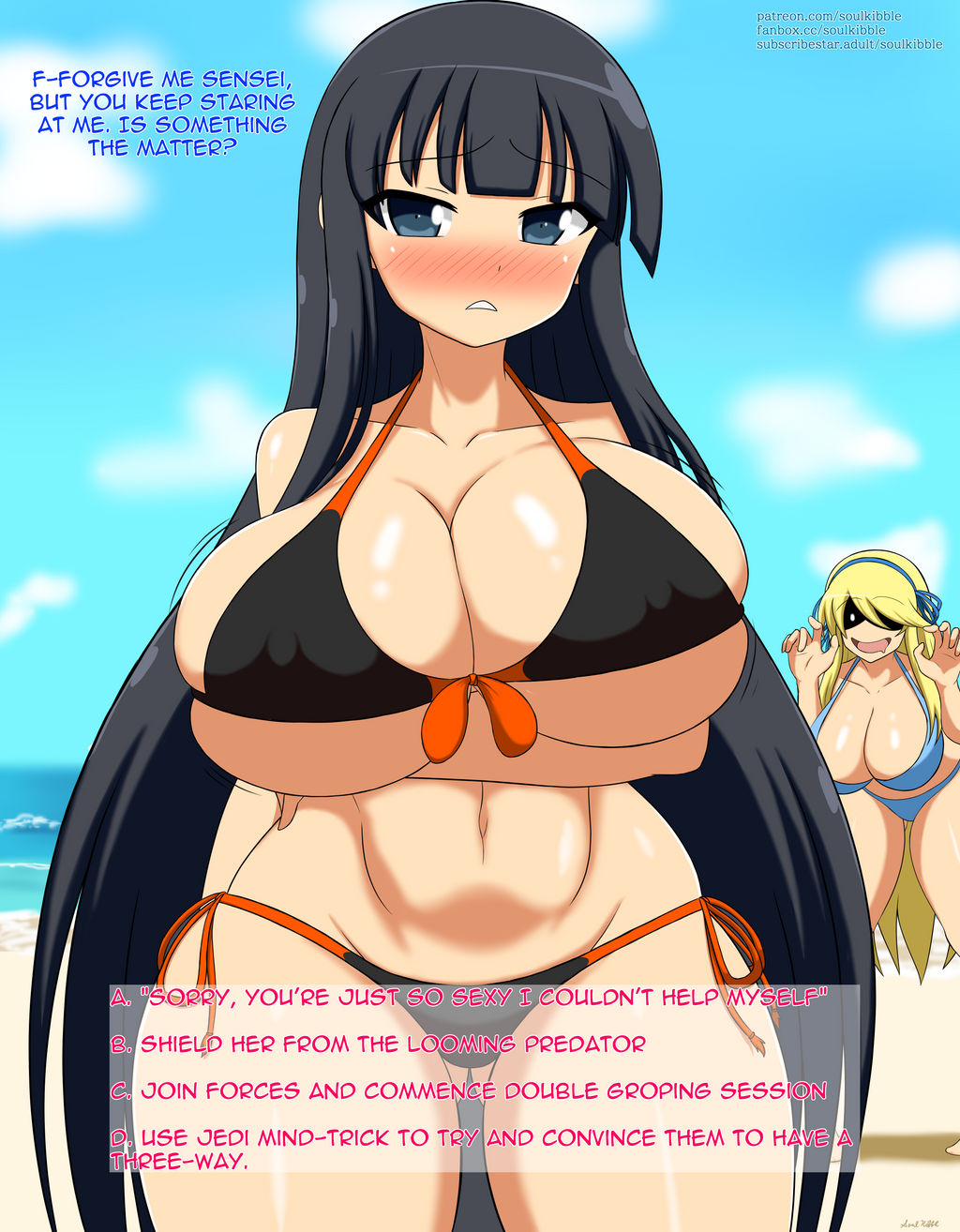 2023 alternate_breast_size arms_crossed_under_breasts beach big_breasts bikini black_hair blonde_hair blue_eyes blush breasts cloud covered_nipples drooling eyebrows_visible_through_hair huge_breasts ikaruga_(senran_kagura) imminent_grope katsuragi_(senran_kagura) large_breasts looking_at_viewer marvelous seaside senran_kagura side-tie_bikini skindentation sky soulkibble text thunder_thighs toned_stomach