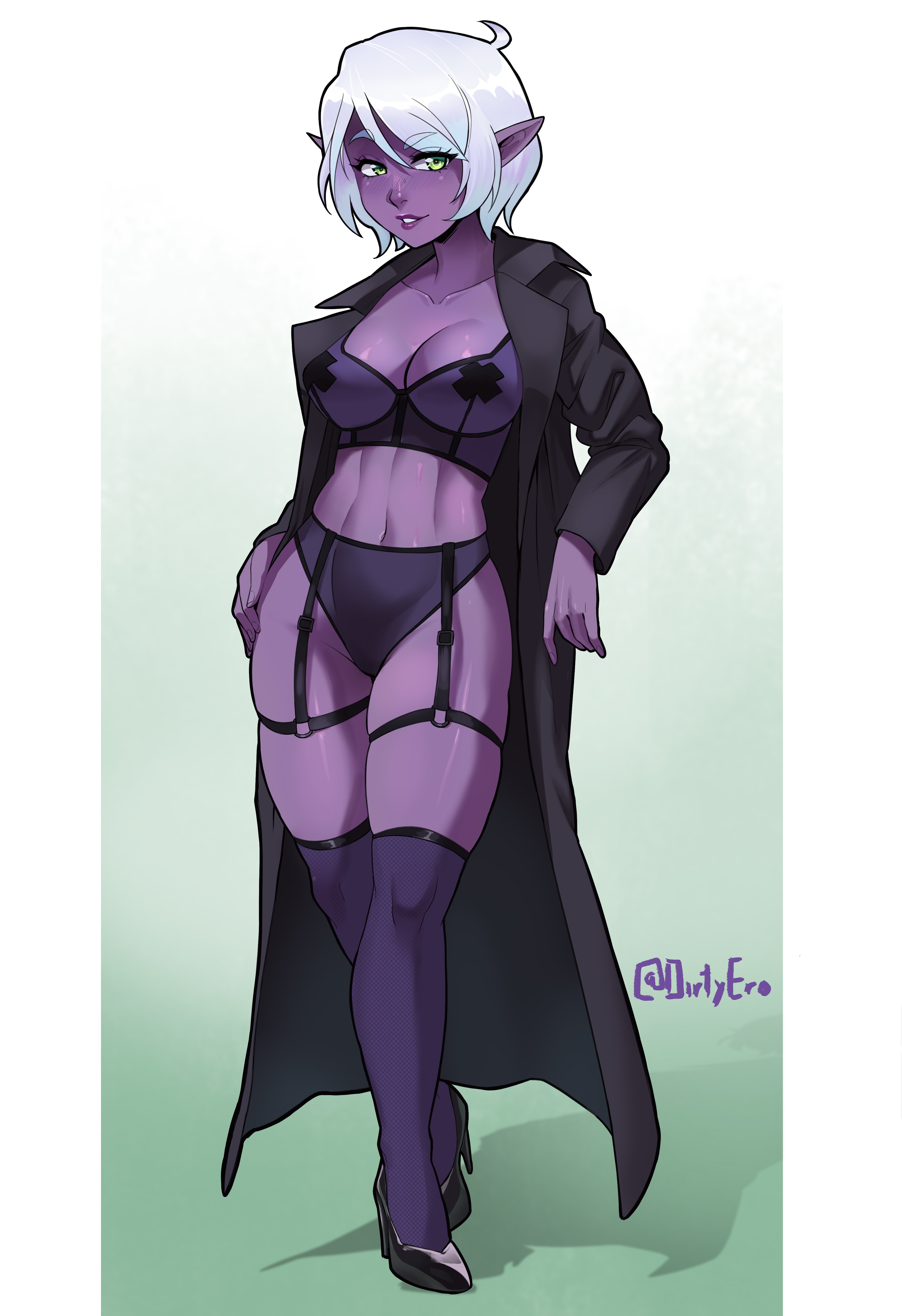 1girls, 2022, absurd res, aelin agarithil, coat, dark elf, dirtyero (artist), elf, elf ears, elf female, female, female only, green eyes, heels, lingerie, looking at viewer, pointy ears, purple skin, smiling, smiling at viewer, solo, stockings, trenchcoat, white hair