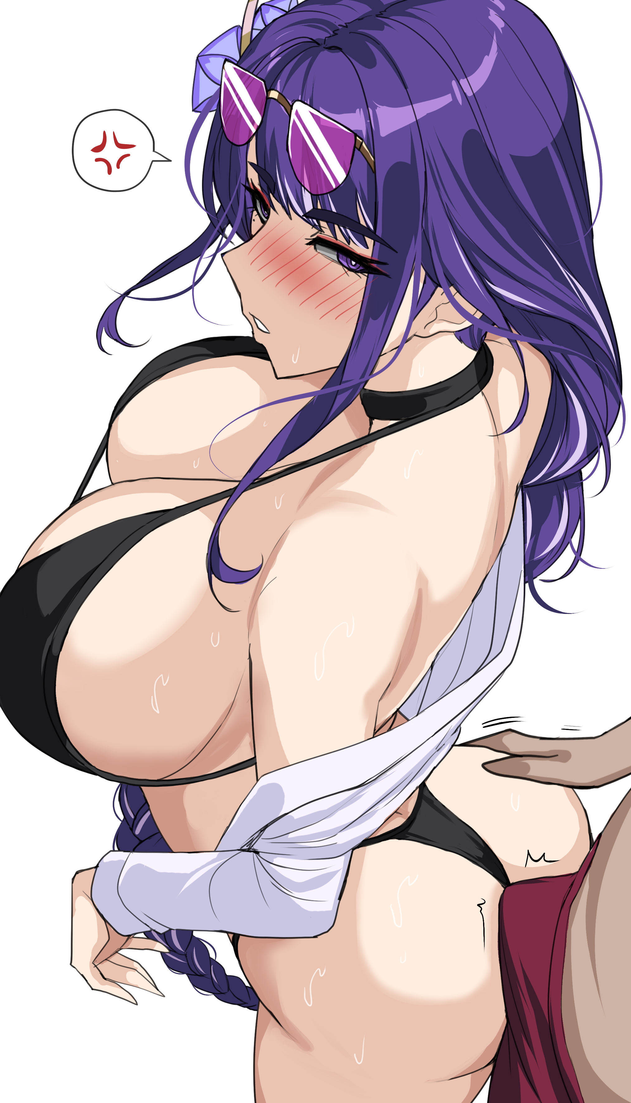 1girls, ass, breasts, drogod (artist), female, genshin impact, hi res, huge ass, huge breasts, light skin, light-skinned female, long hair, naughty face, purple eyes, purple hair, raiden shogun, swimsuit, thick thighs, uncensored