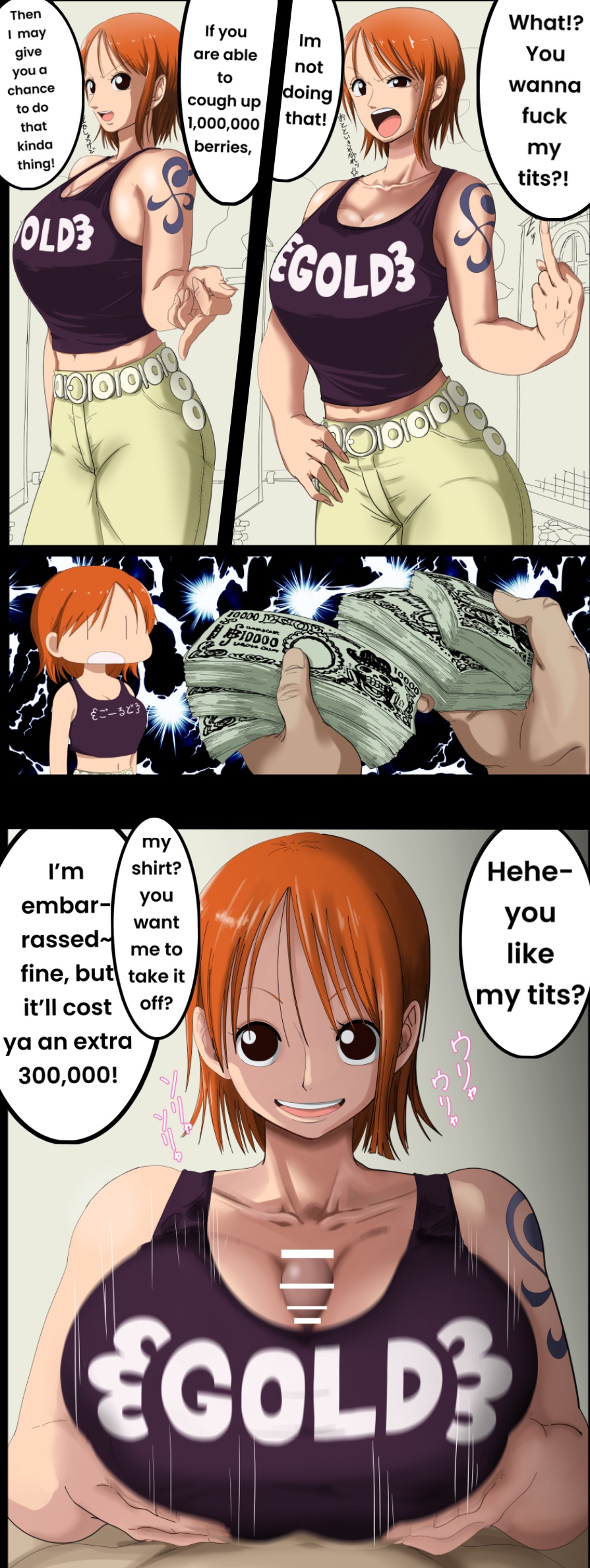 annoyed big_breasts boner boobjob breasts bribe female hard_translated hazama_null long_ring_long_land male money nami one_piece orange_eyes orange_hair paizuri pre-timeskip prostitution text titfuck_under_clothes titjob translated