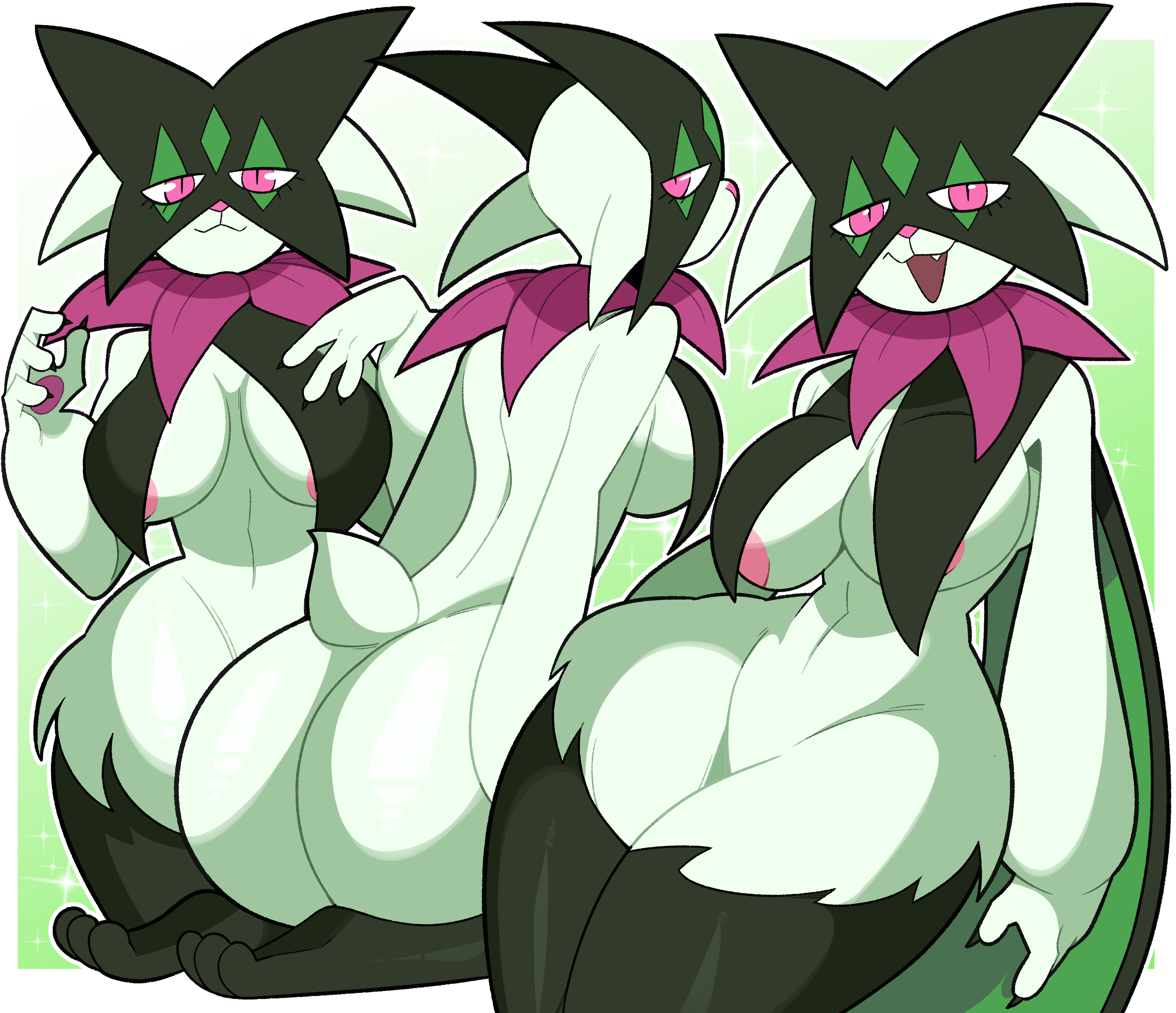anthro, breasts, female, furry, generation 9 pokemon, idolomantises, looking at viewer, meowscarada, nintendo, pokémon (species), pokemon, pokemon (species), pokemon sv, simple background