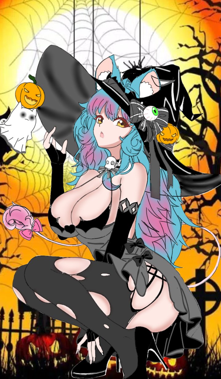 1girls chessivt halloween halloween_costume owozu virtual_youtuber vtuber witch_costume yoshi_kawa_kun