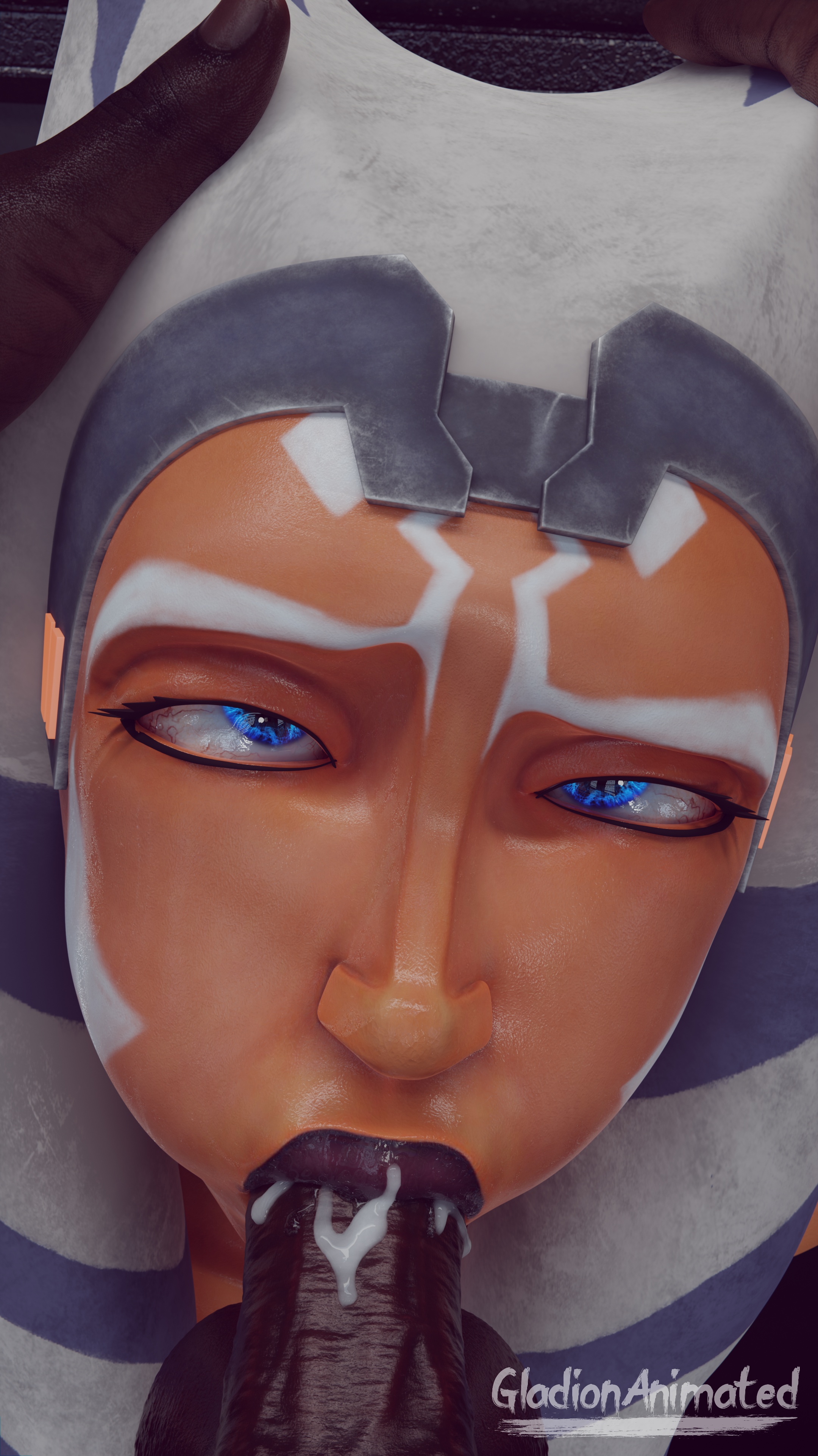 1boy, 1girls, 3d, ahsoka tano, airress3d (3d-modeller), alien, alien girl, alien humanoid, big penis, blowjob, blowjob face, blue eyes, cum, cum in mouth, dark skin, dark-skinned male, deepthroat, fellatio, female, gladionanimated, huge cock, interracial, large penis, mace windu, male, male/female, orange body, penis, star wars, sucking, sucking penis, togruta, veiny penis