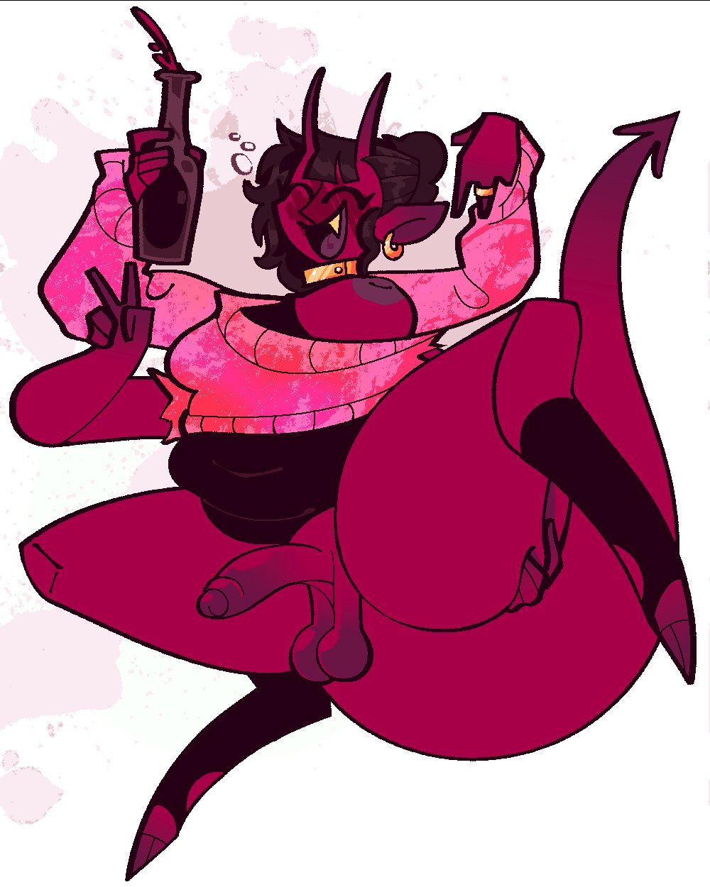 1futa, areolae, balls, big breasts, big penis, bottomless, breasts, clothed, clothing, demon, demon futa, demon tail, erection, futa only, futanari, happy, horns, humanoid, humanoid penis, intersex, multi arm, multi limb, nipples, original, original character, partially clothed, penis, red skin, sagging balls, smile, solo, sweater, tail, trans woman, transfem, xenopavilia