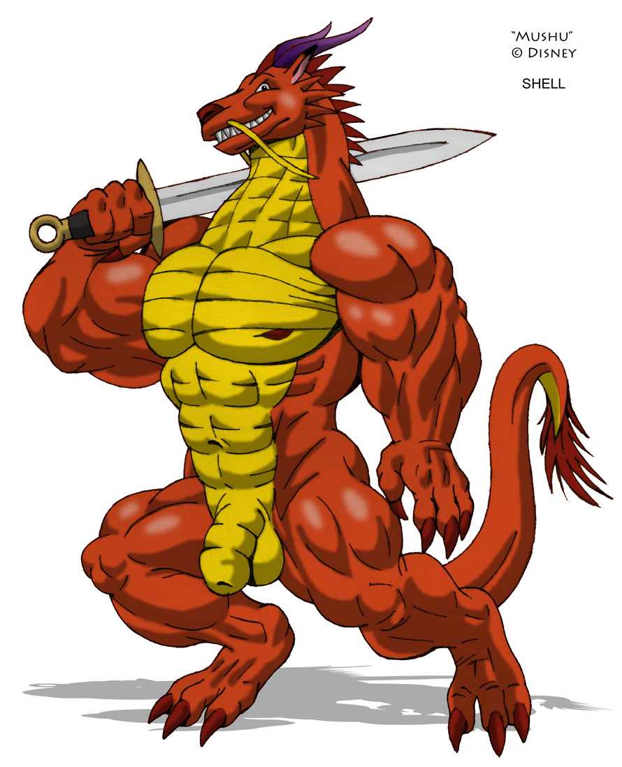 anthro balls barbel_(anatomy) big_muscles claws disney dragon eastern_dragon flaccid flesh_whiskers genitals grin horn jay_shell looking_at_viewer male male_only melee_weapon mulan mulan_(1998) muscular mushu nipples nude pecs penis scalie smile solo sword weapon