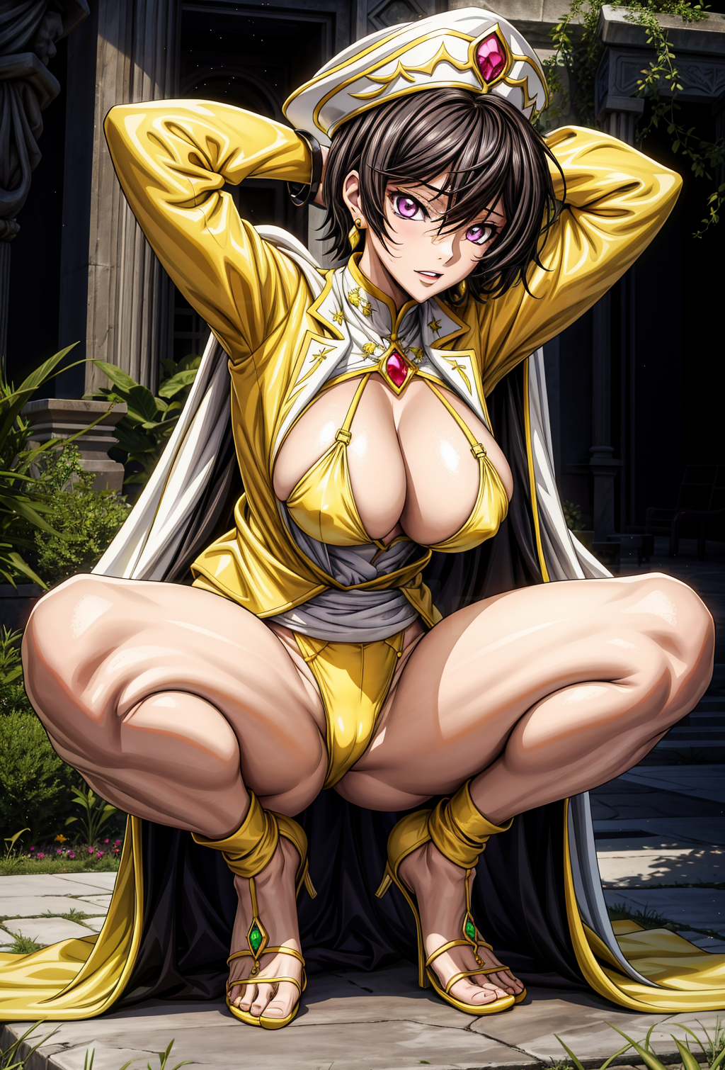 1girls ai_generated black_hair blush breasts code_geass female female_only genderswap_(mtf) girl large_breasts lelouch_lamperouge luluko purple_eyes rule_63 short_hair slutty_outfit