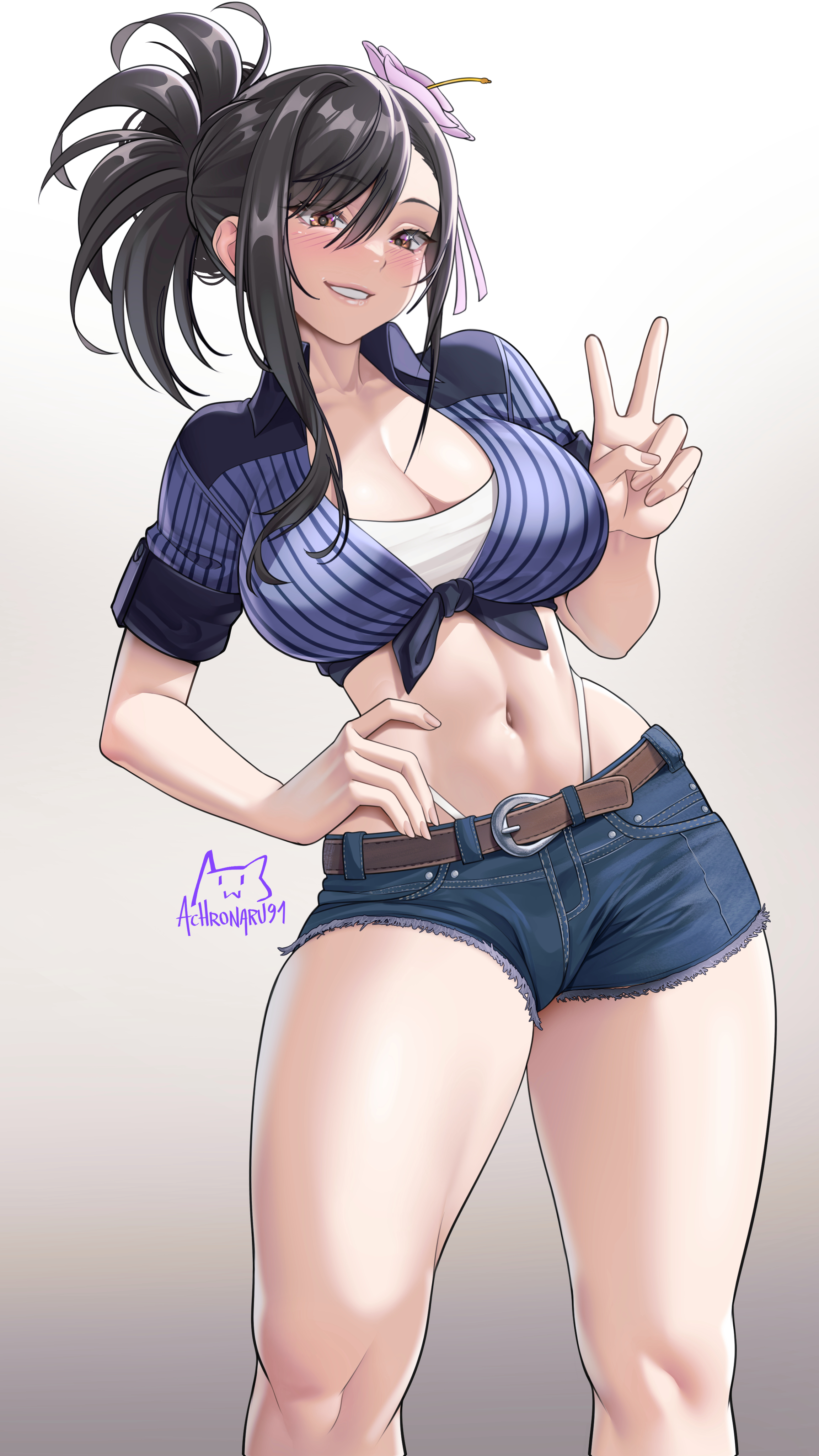1girls, achromaru, black hair, booty shorts, breasts, female, final fantasy, final fantasy vii, final fantasy vii rebirth, final fantasy vii remake, g string, large breasts, light skin, light-skinned female, long hair, midriff, naughty face, short shorts, shorts, tied hair, tifa lockhart