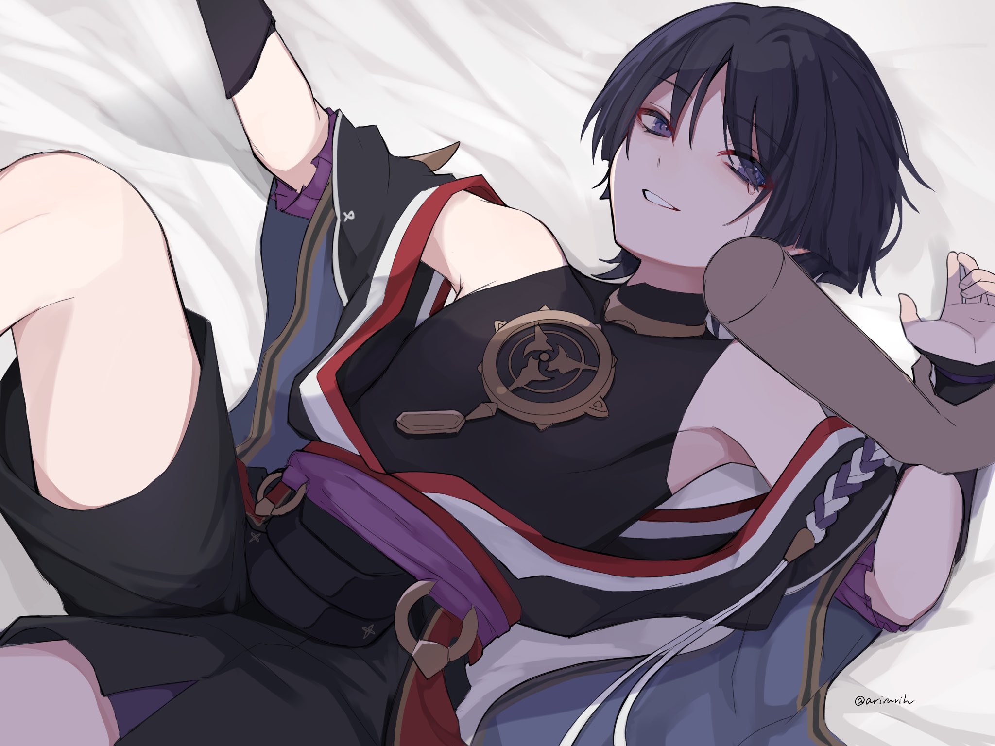 2boys, arirurih, blue eyes, blue hair, blush, clothed, dressed, femboy, gay, genshin impact, girly, laying on back, laying on bed, leg grab, looking at another, male, male only, scaramouche (genshin impact), tagme, y/n, yaoi