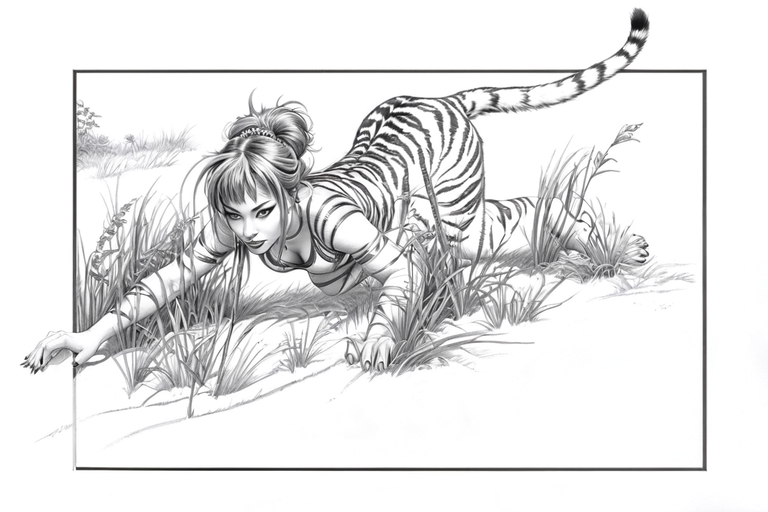 1girls ai_generated all_fours anthro anthro_only asian black_and_white crawling eyeliner feline female looking_at_viewer ponytail sedy tied_hair tiger tiger_stripes tiger_tail