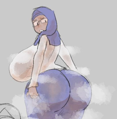 ass, ass focus, big ass, big breasts, breasts, brown skin, bubble ass, bubble butt, clothed, dark skin, dark-skinned female, female, hijab, holding ass, huge ass, huge breasts, lewdicrousart, musk, musk clouds, steam, sweat