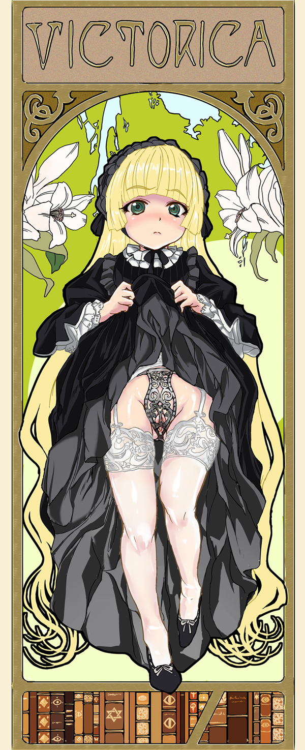 blonde_hair chastity chastity_belt chastity_device dress dress_lift female female_chastity flower garter_straps gosick gothic_lolita green_eyes highres labia lolita_fashion long_hair print_legwear pussy solo standing thighhighs tsurime uyuu very_long_hair victorica_de_blois white_legwear