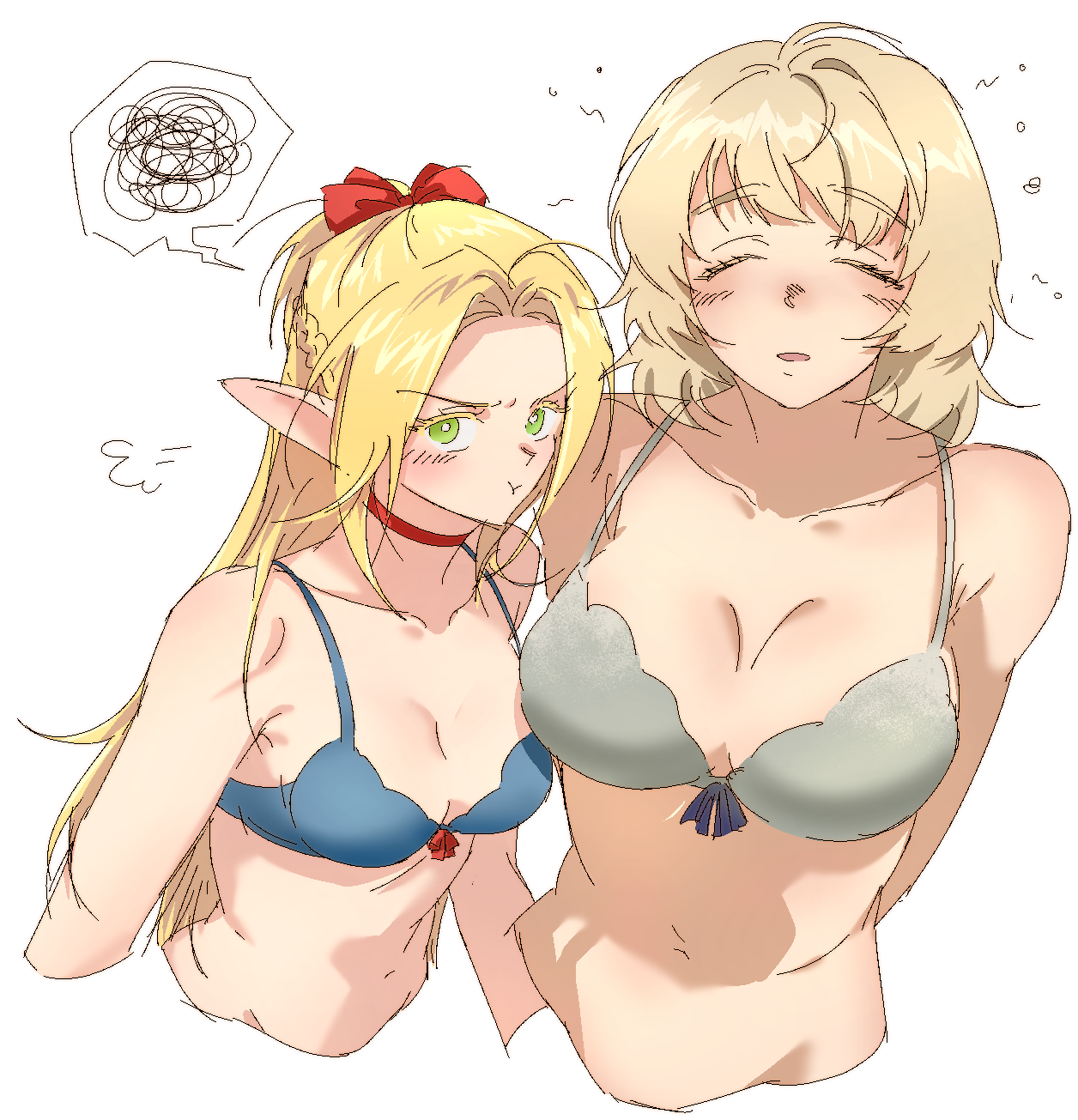 2girls, annoyed, artist request, big breasts, blush, bra, breasts, cleavage, closed eyes, dungeon meshi, falin touden, fanon couple, female, female only, marcille donato, multiple females, multiple girls, underwear, upper body