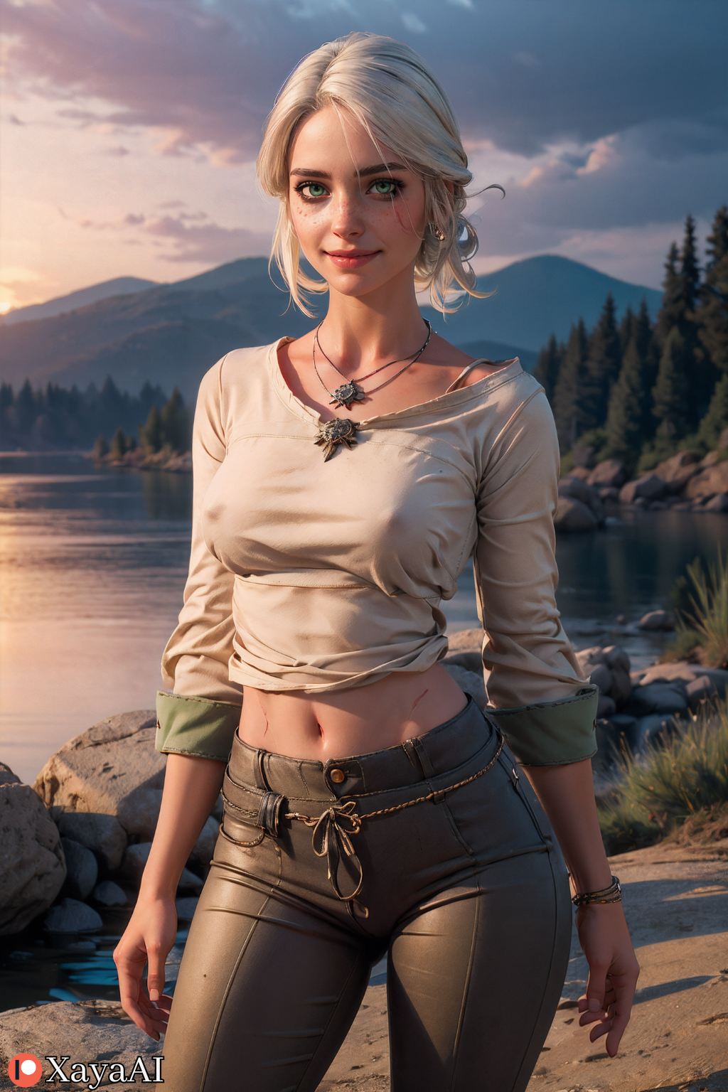 1girls abs ai_generated cd_projekt_red ciri clothing cute eyeshadow facial_scar female freckles green_eyes half_updo light-skinned_female looking_at_viewer mascara nipples_visible_through_clothing outdoors pale-skinned_female petite runny_makeup scar seductive_look skellige skinny slim smile solo sunset teenager the_witcher_(series) the_witcher_3:_wild_hunt tied_hair white_hair witch witcher_medallion xayalight