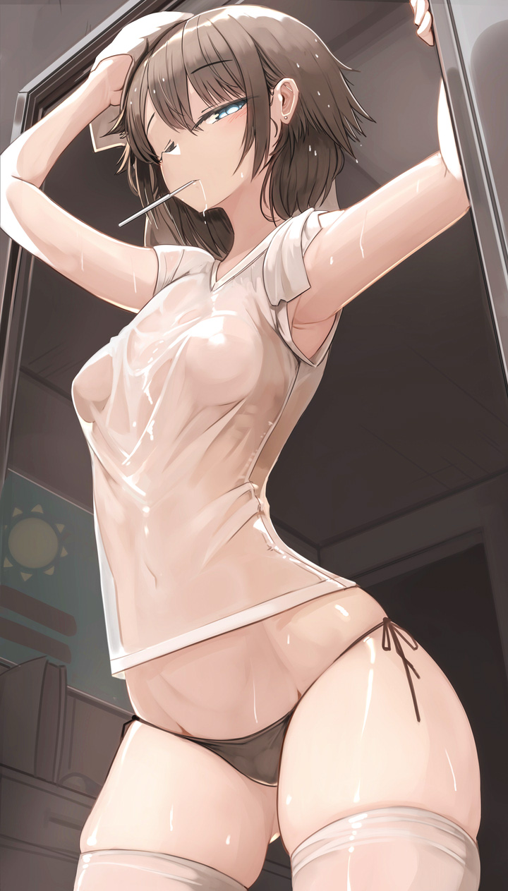 belly_button blue_eyes brown_hair genek inner_thighs looking_at_viewer looking_down one_eye_closed panties see-through see-through_clothing short_hair slim_waist small_breasts teenager thick_thighs thighhighs wet wet_body wet_clothes wet_skin