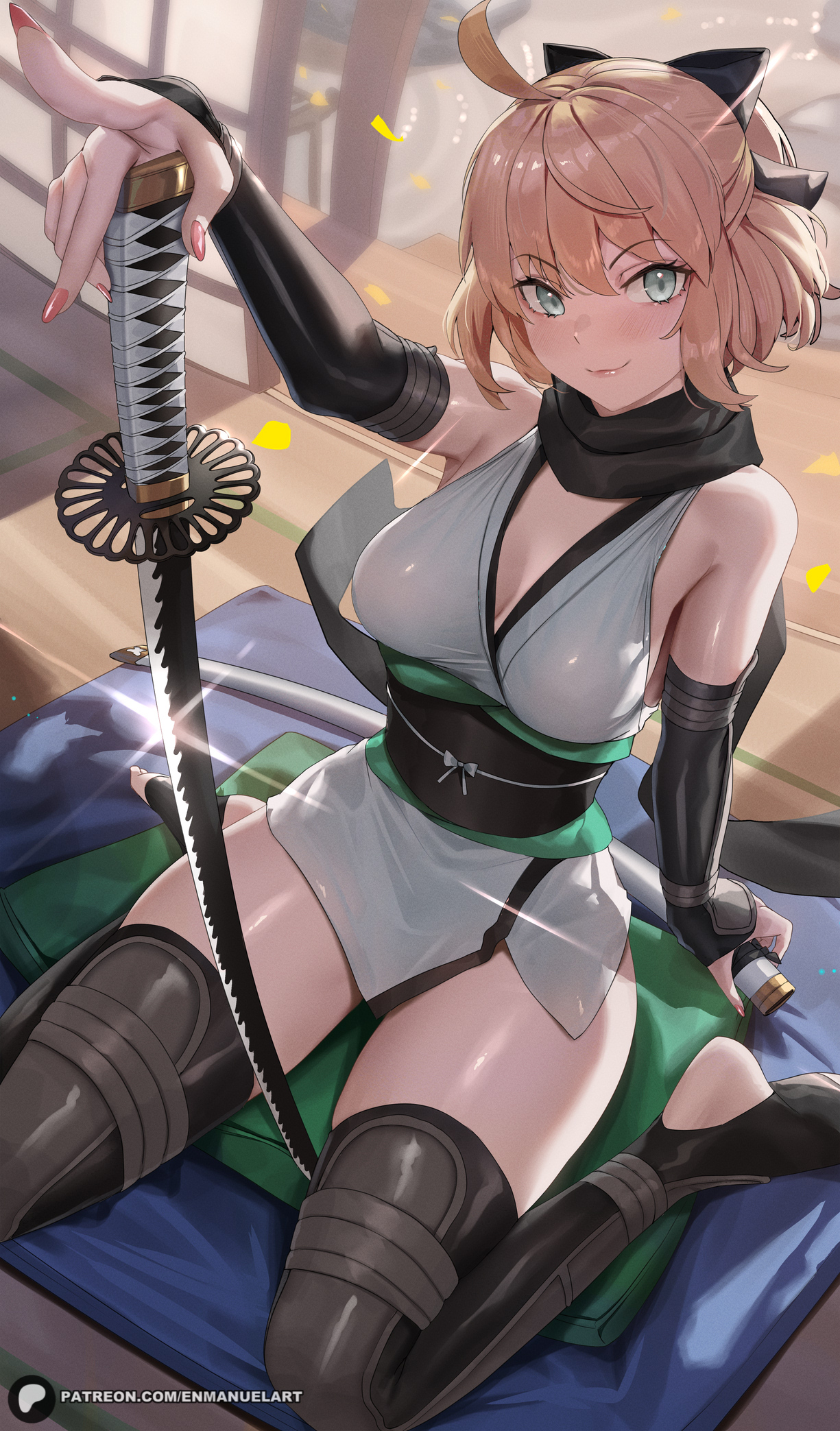 1girls, 2024, 2d, 2d (artwork), artist name, blonde hair, breasts, enmanuelart20, fate (series), fate/grand order, female, female only, katana, large breasts, light skin, light-skinned female, looking at viewer, melee weapon, okita souji (fate), patreon, posing, questionable, sfw, short hair, smile, smiling at viewer, solo, solo female, sword, thick thighs, thighhighs, weapon