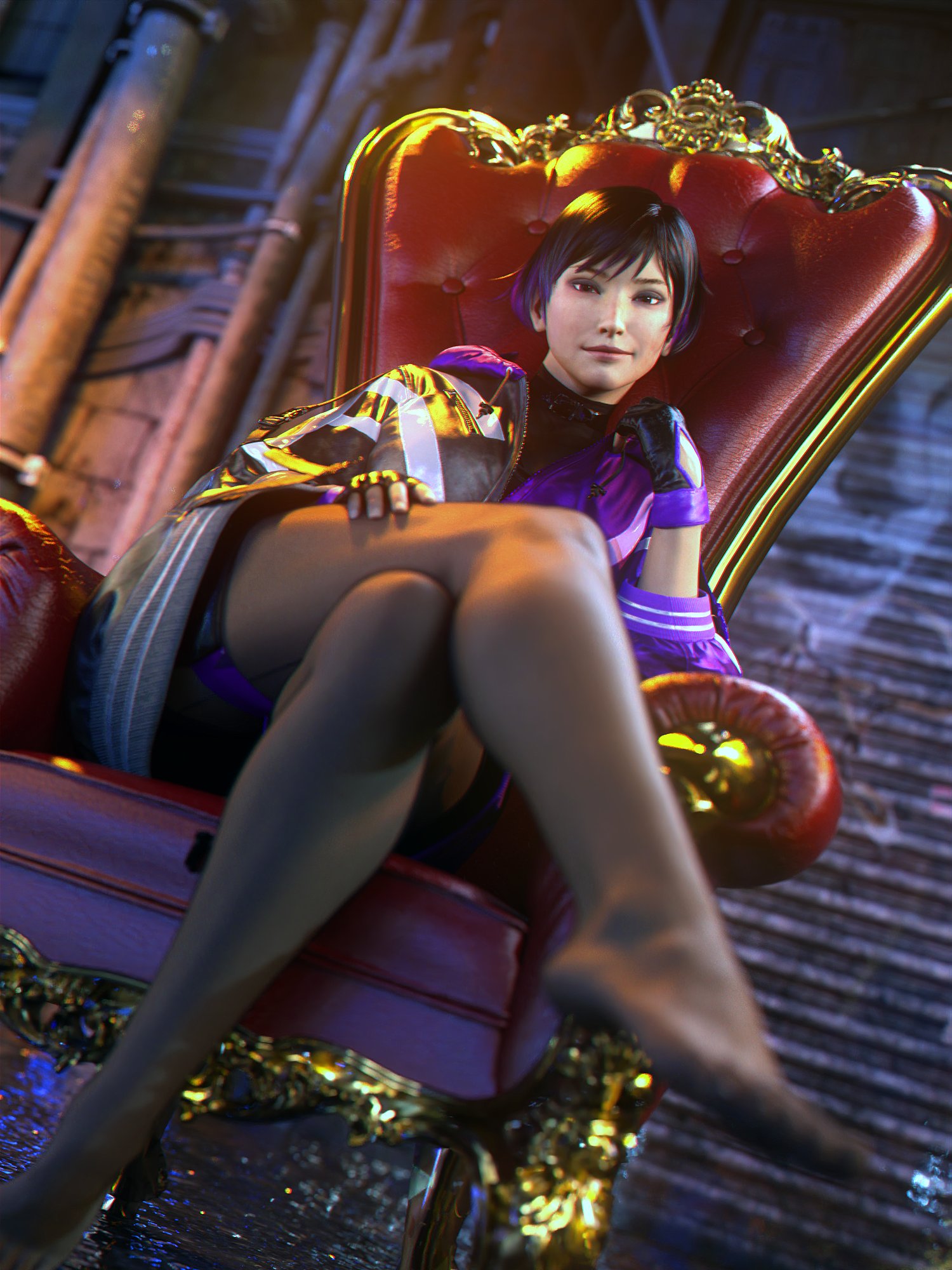 1girls, 3d, asian female, big breasts, black and purple hair, breasts, chest, crossed legs, curvaceous, curvy, curvy figure, digital media (artwork), dominant female, eyebrows, eyelashes, eyes, female, female focus, female only, fit, fit female, foot fetish, fully clothed, hair, hand on thigh, hips, hourglass figure, human, large breasts, legs, light skin, light-skinned female, lips, looking at viewer, mature, mature female, namco, no shoes, non-nude, pantyhose, reina mishima, short hair, sitting on chair, slim waist, smirk, smirking at viewer, solo, tekken, tekken 8, thick, thick legs, thick thighs, thighs, top heavy, waist, wide hips, word2