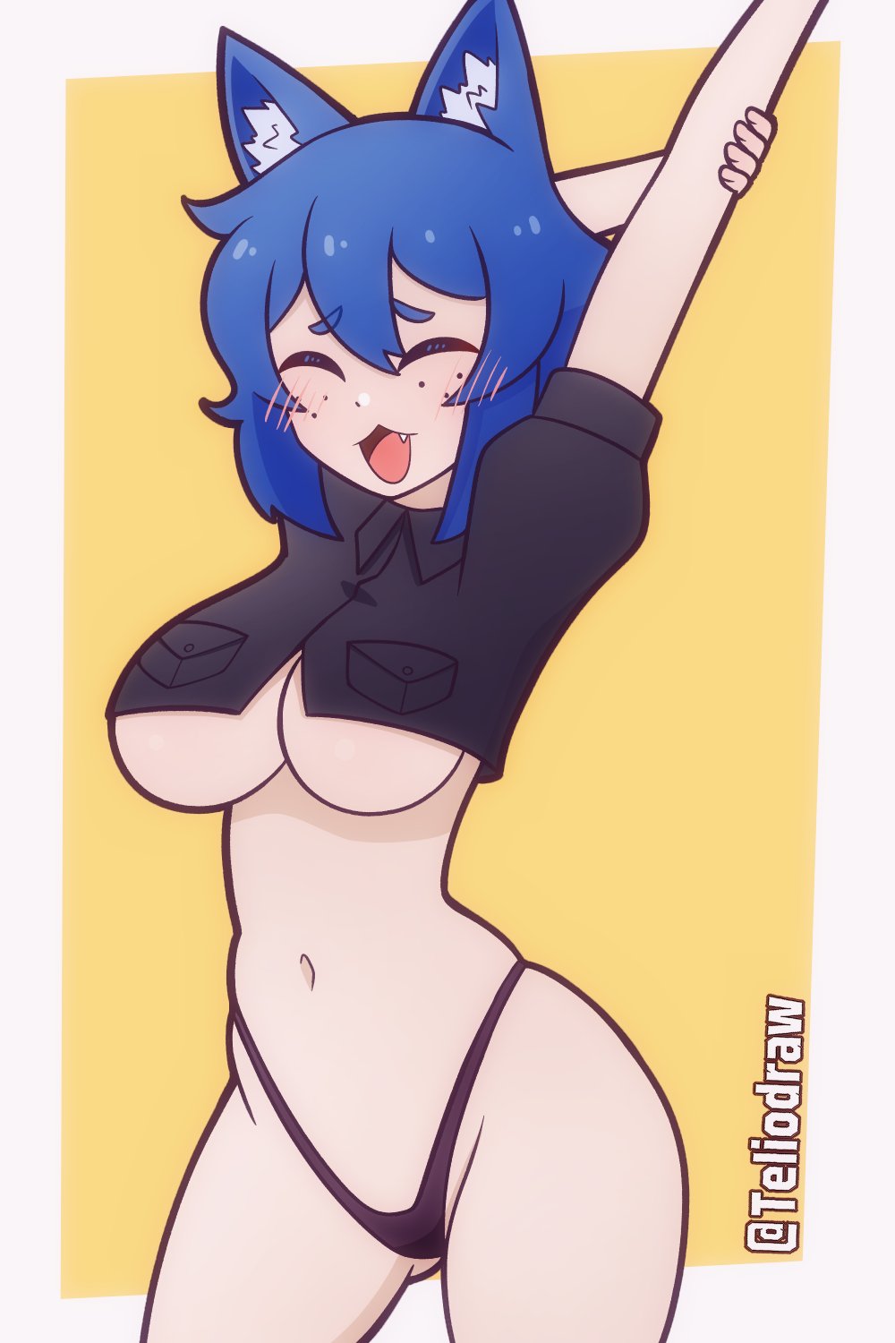 1girls 2024 animal_ears arms_above_head arms_up black_panties blue_hair blush borrowed_character breasts cat_ears catgirl closed_eyes cute fangs freckles freckles_on_face highleg_panties navel no_pants open_mouth original panties stretching tagme teliodraw twitter_username underboob watermark