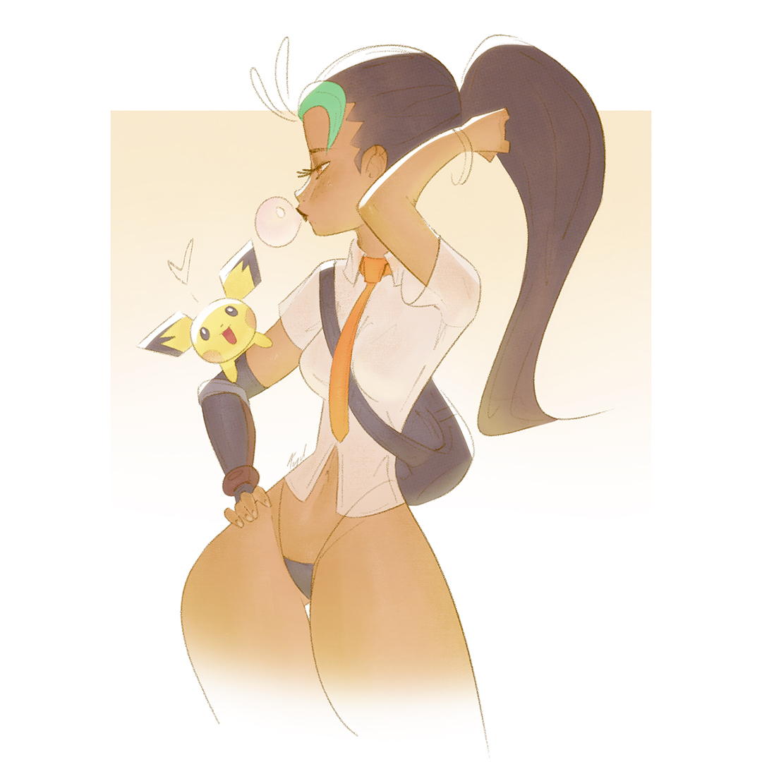1girls, 2d, bag, bare arms, bare legs, bare thighs, black hair, bottom heavy, breasts, casual, child bearing hips, clothed, clothing, color, dark skin, dark-skinned female, female, female focus, female only, game freak, hi res, human, long hair, looking at another, necktie, necktie between breasts, nemona (pokemon), nintendo, panties, pear shaped, pear-shaped figure, pichu, pokémon (species), pokemon, pokemon (species), pokemon sv, pokemon trainer, ribbon, tagme, tequilanart, thick thighs, thunder thighs, tie, wide hips