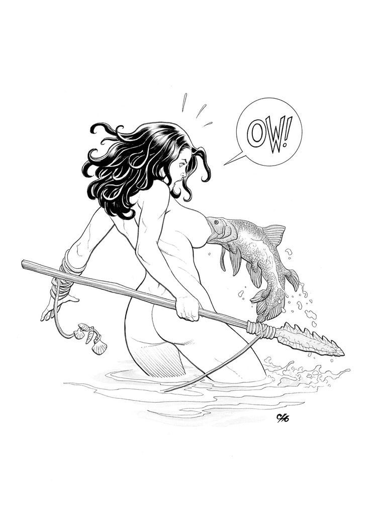 ass basement_comics breasts cavewoman cavewoman_(basement_comics) cavewoman_(series) fish fishing frank_cho meriem_cooper monochrome nude text text_bubble water