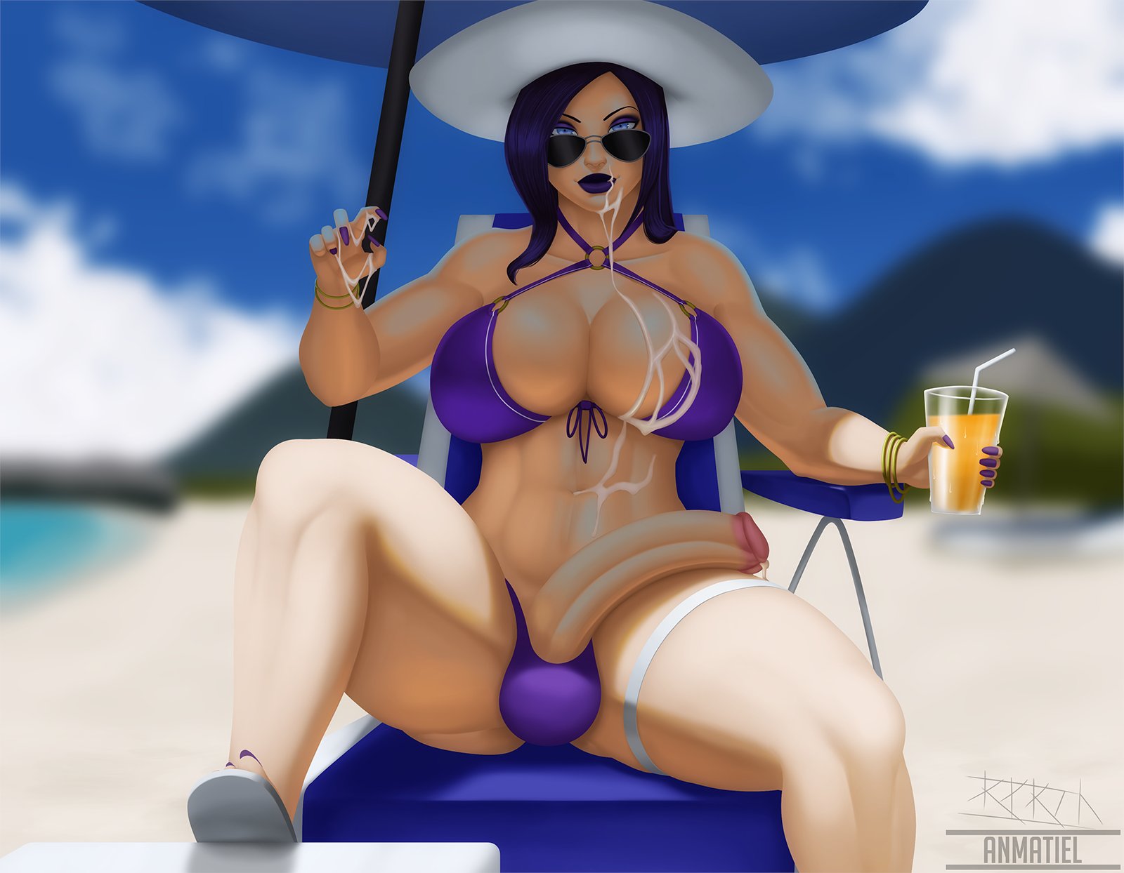 1futa, 2024, anmatiel, arcane, big breasts, big penis, bikini, blue eyes, breasts, caitlyn kiramman, clothed, clothing, cum, cum drip, cum on body, cum on breasts, cum on face, cum on hand, flaccid, flaccid penis, futa only, futanari, huge cock, human, intersex, league of legends, league of legends: wild rift, light skin, light-skinned futa, lipstick, looking at viewer, looking over eyewear, looking over glasses, looking over sunglasses, makeup, mostly nude, nail polish, pale skin, pale-skinned futa, penis, pool party caitlyn, pool party series, purple hair, purple lipstick, riot games, smooth penis, solo, sunglasses, tinted eyewear, watermark