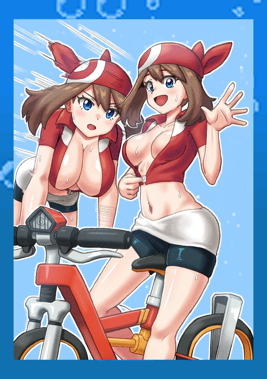 bandana, breasts, cleavage, female, huge breasts, may (pokemon), midriff, pokemon, unzipping jacket