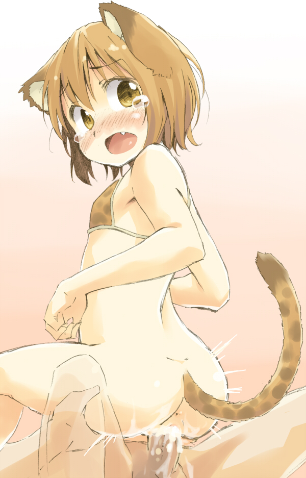 animal_ears ass bikini blush brown_hair cat_ears cum cute_fang face female leopard_print leopard_tail looking_back open_mouth original sex short_hair swimsuit tail tear uncensored yellow_eyes yudepii